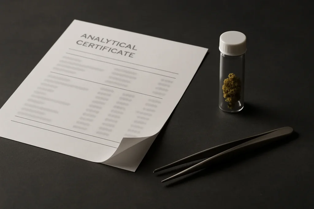 Certificado de análisis CBD con vial de muestra y pinzas sobre cerámica oscura