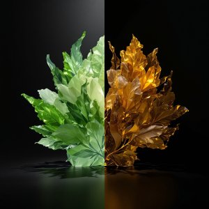 Imagen conceptual dualidad cáñamo y marihuana en resina translúcida