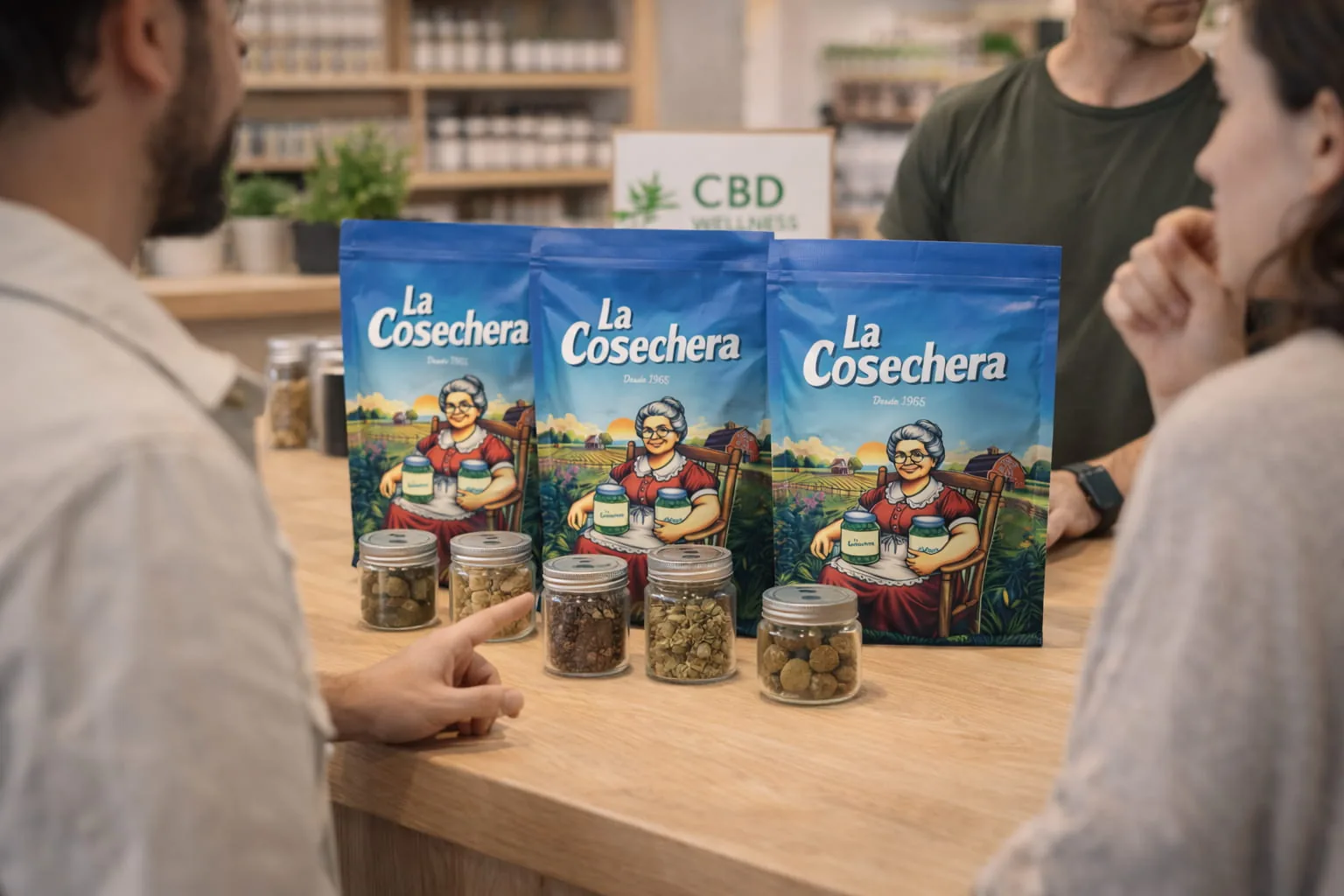 Bolsas La Cosechera y frascos con flores y resinas CBD sobre mostrador durante asesoramiento en tienda