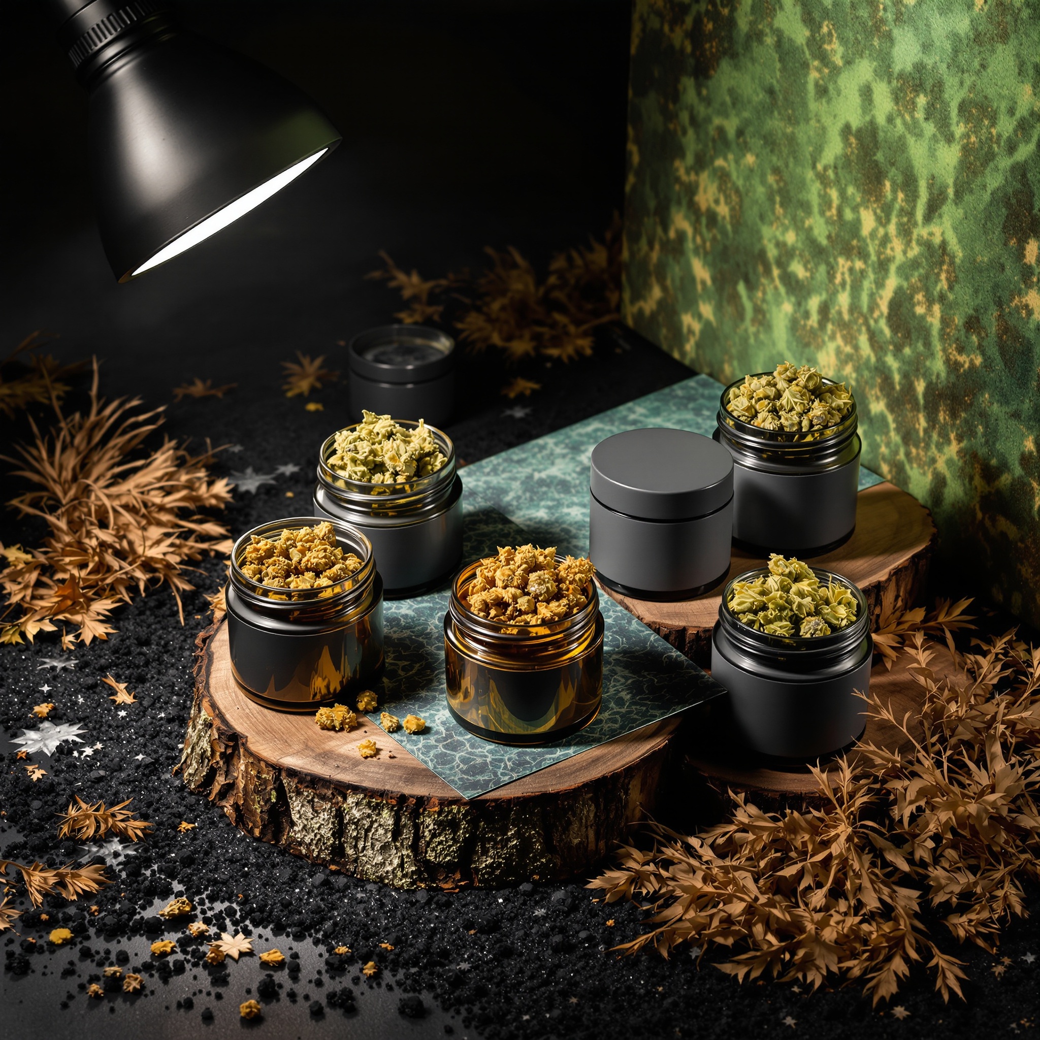 Bodegón de envases mate con flores CBD sobre madera quemada y cobre oxidado