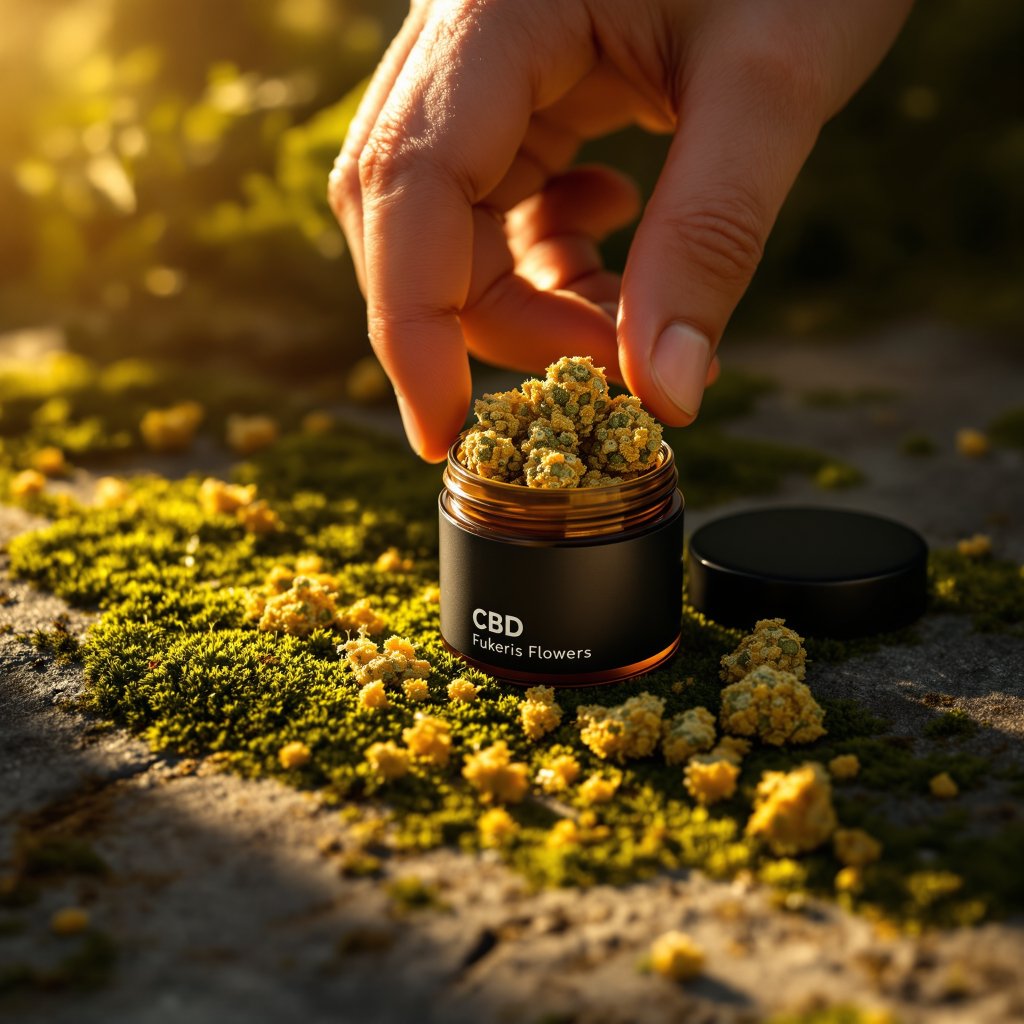 Mano abriendo un bote mate sin marca con flores de CBD densas y resinosas