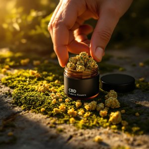 Mano abriendo un bote mate sin marca con flores de CBD densas y resinosas