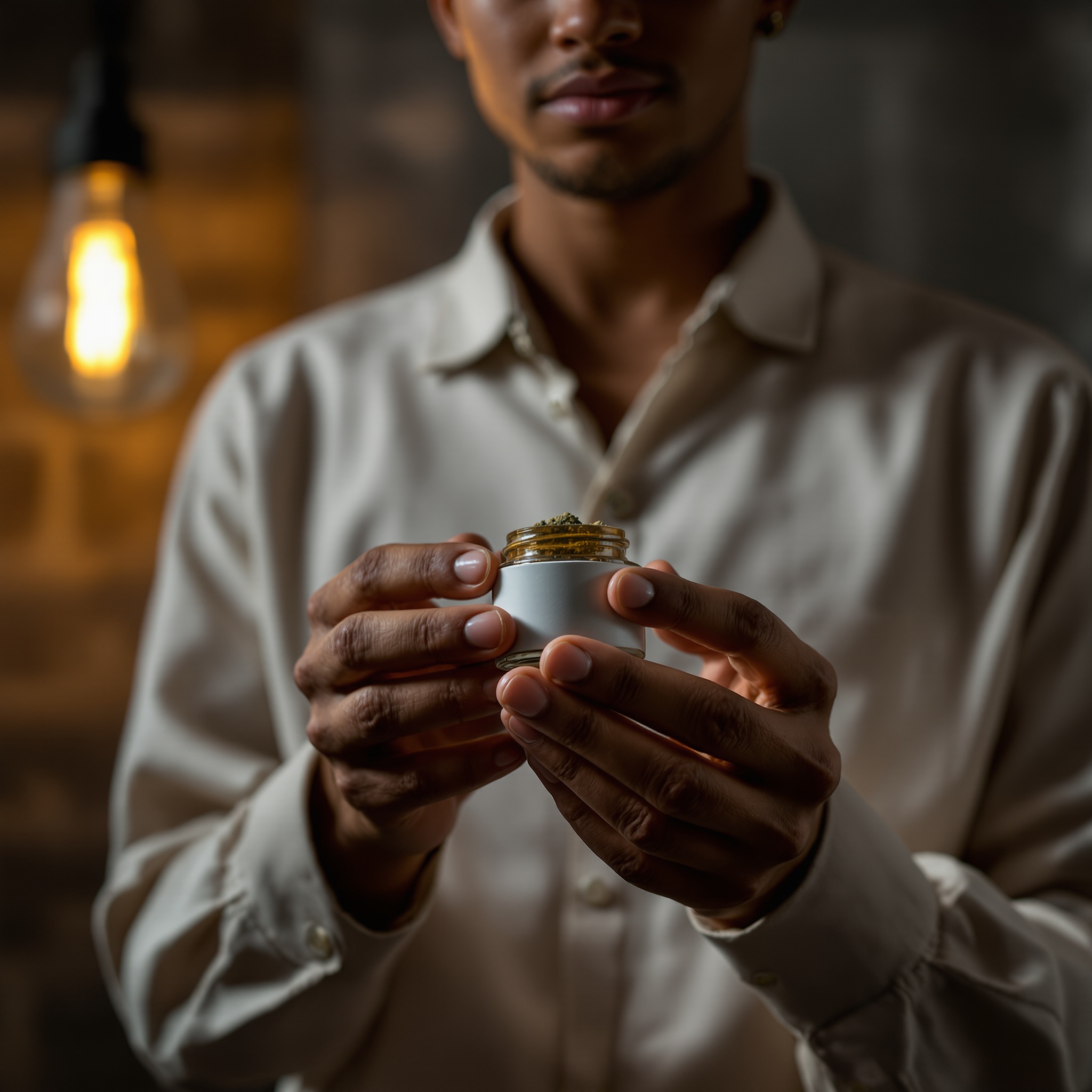 Manos de persona joven sosteniendo bote mate con flores CBD en ambiente industrial cálido