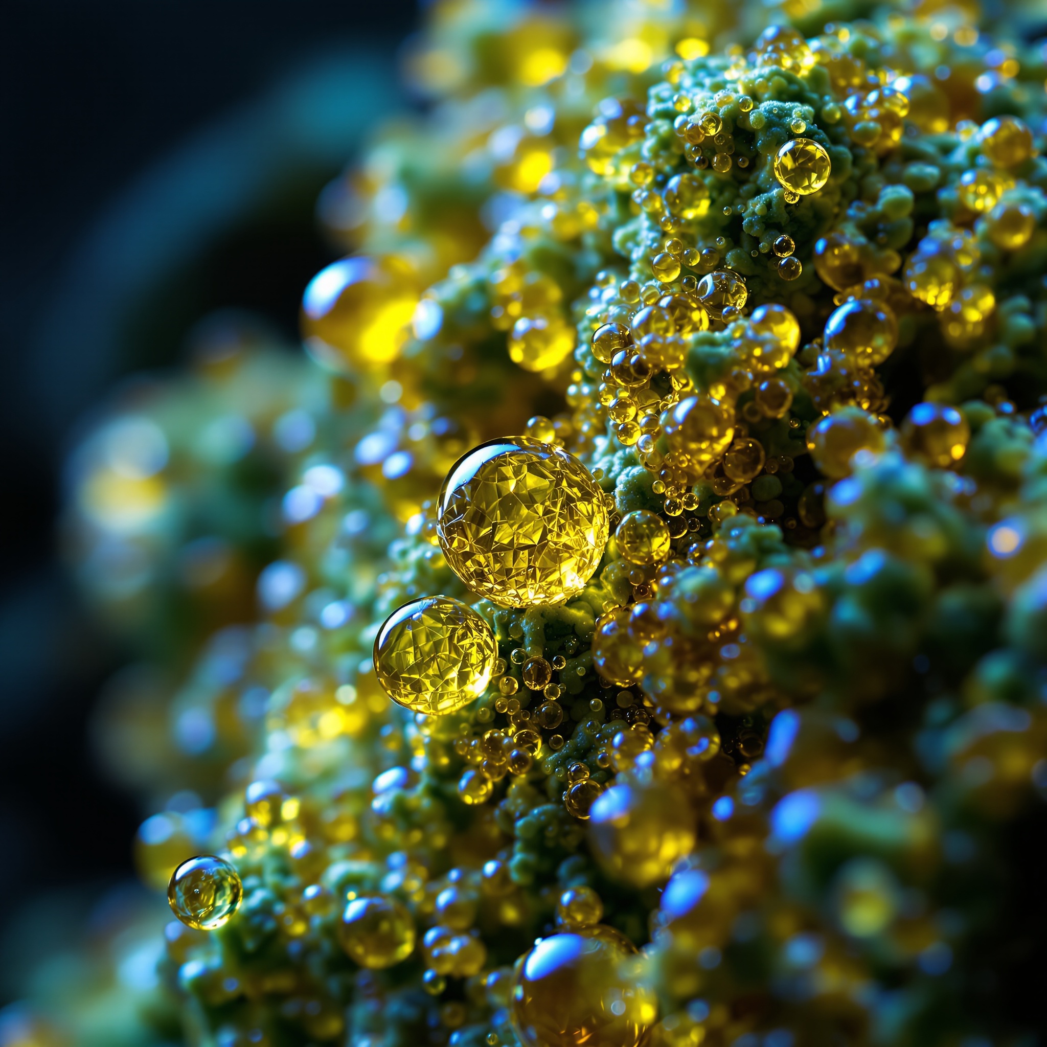 Macro gotas de resina ámbar en cogollo verde de CBD