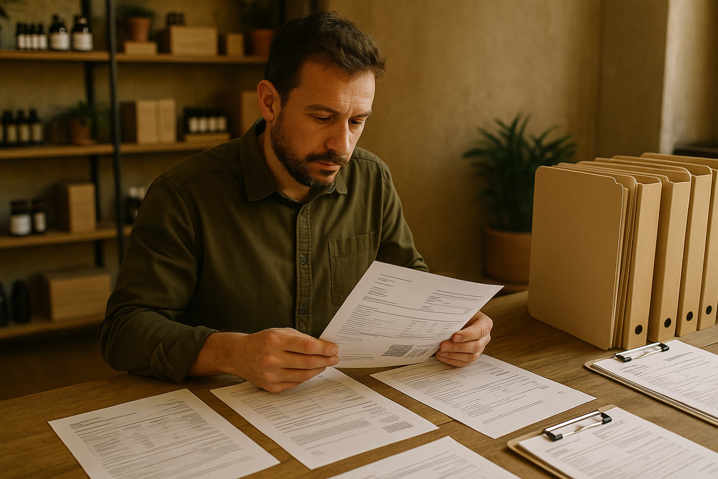 Responsable revisando COA, lotes y ficha técnica en una auditoría de control de calidad CBD