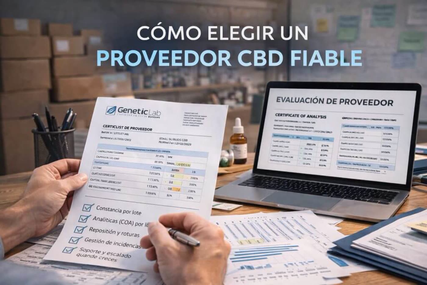 Recepción de mercancía CBD con revisión de lote y documentos en almacén profesional