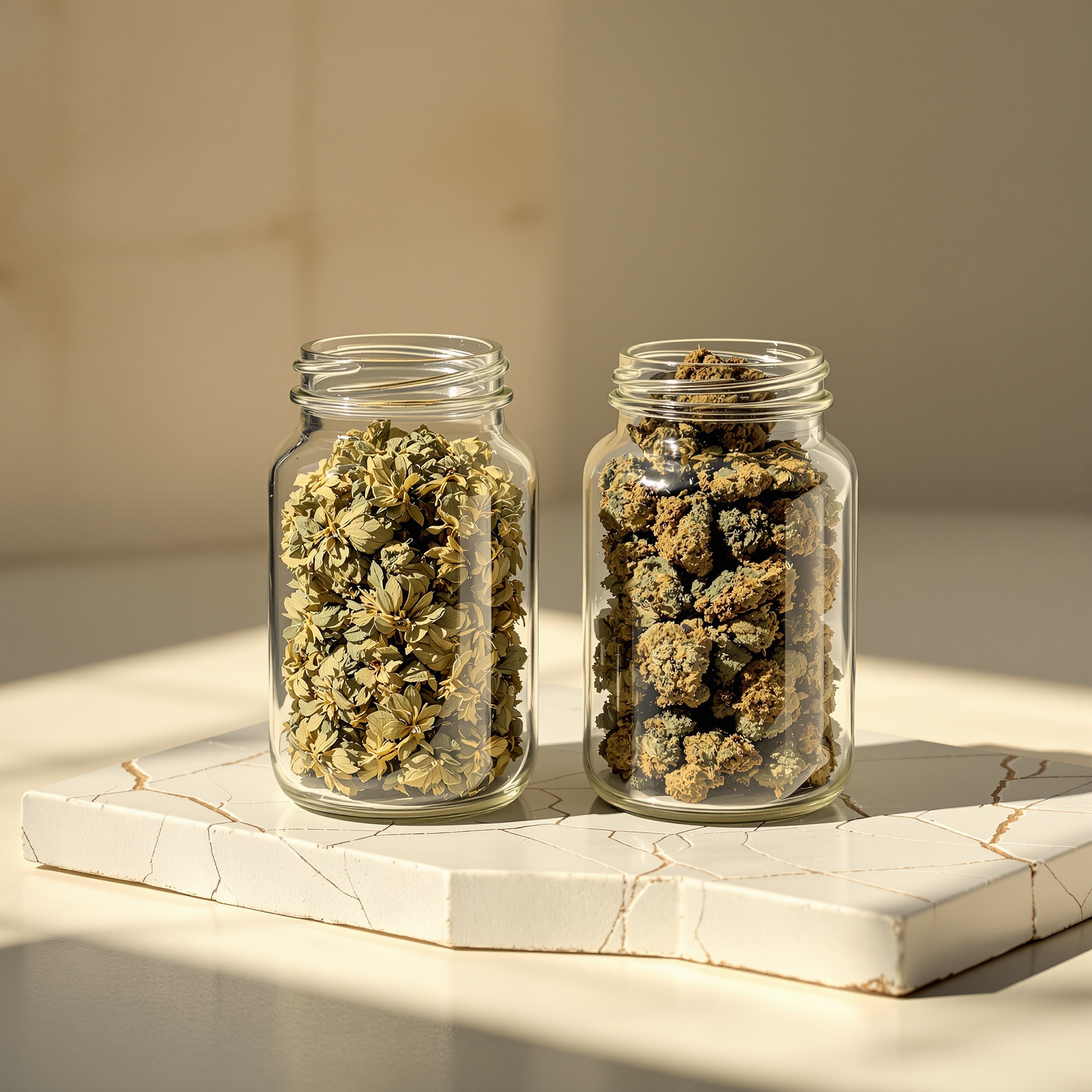 Dos frascos comparativos de flores CBD y THC sobre cerámica blanca agrietada