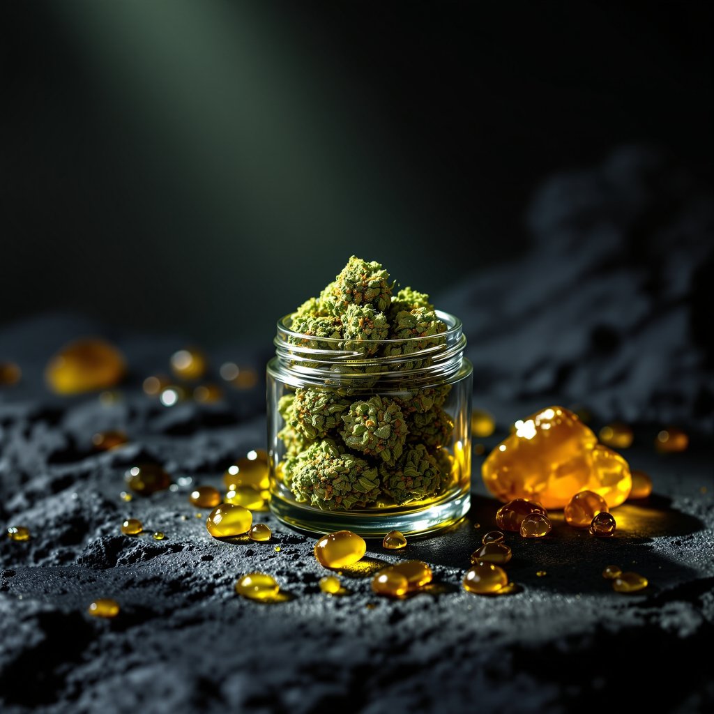 Frasco con flores de CBD sobre piedra volcánica negra y gotas de resina ámbar