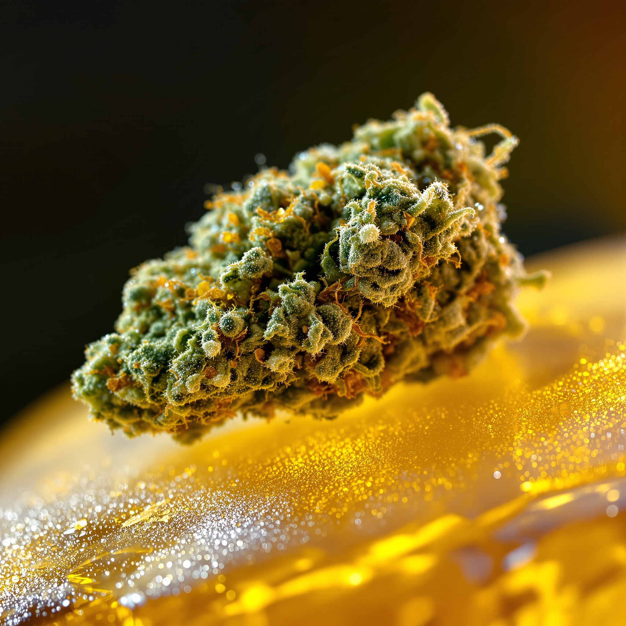 Primer plano macro de cogollo de cannabis con tricomas y resina ámbar sobre vidrio ámbar