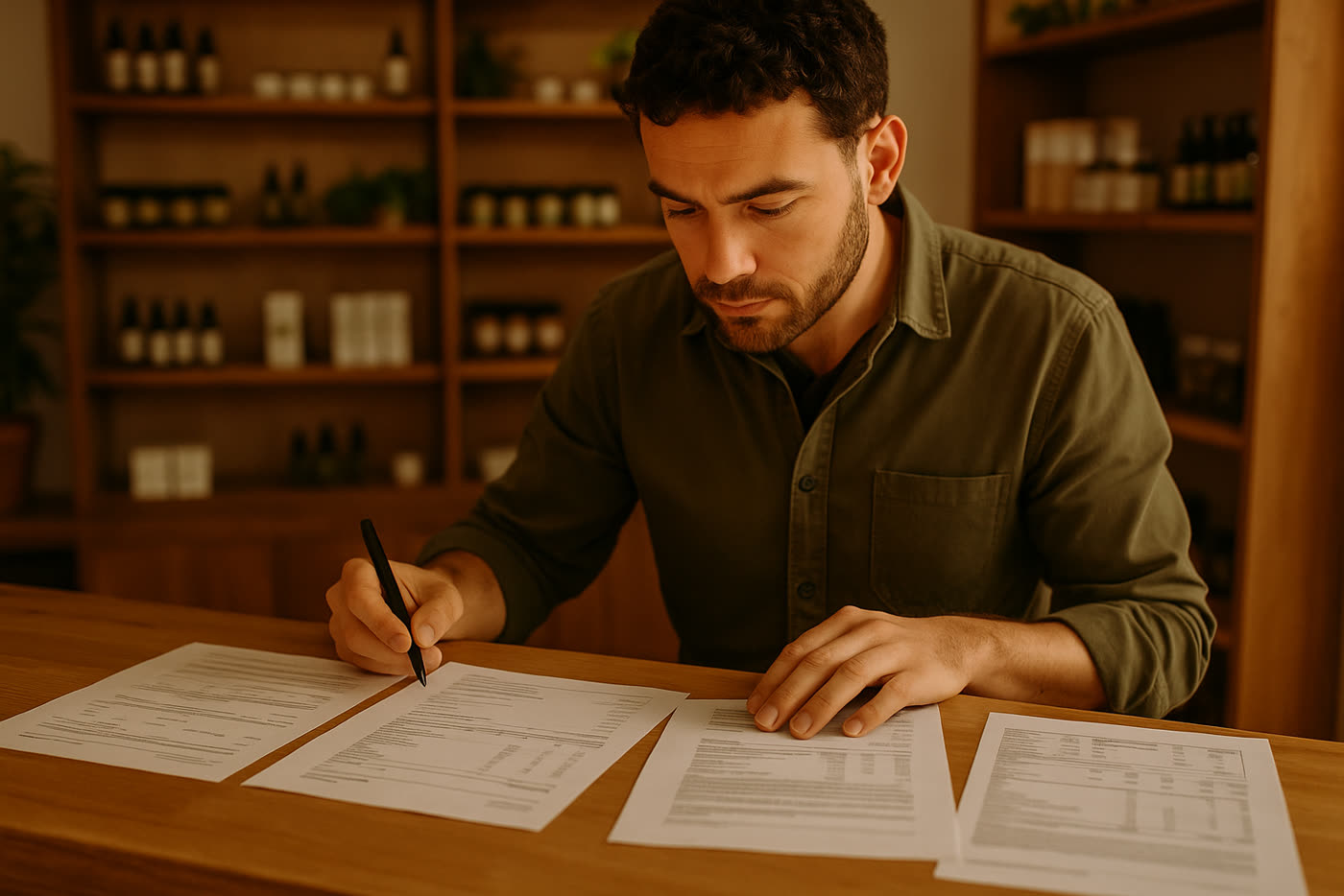 Responsable de tienda revisando COA, fichas técnicas y documentos de proveedor de CBD