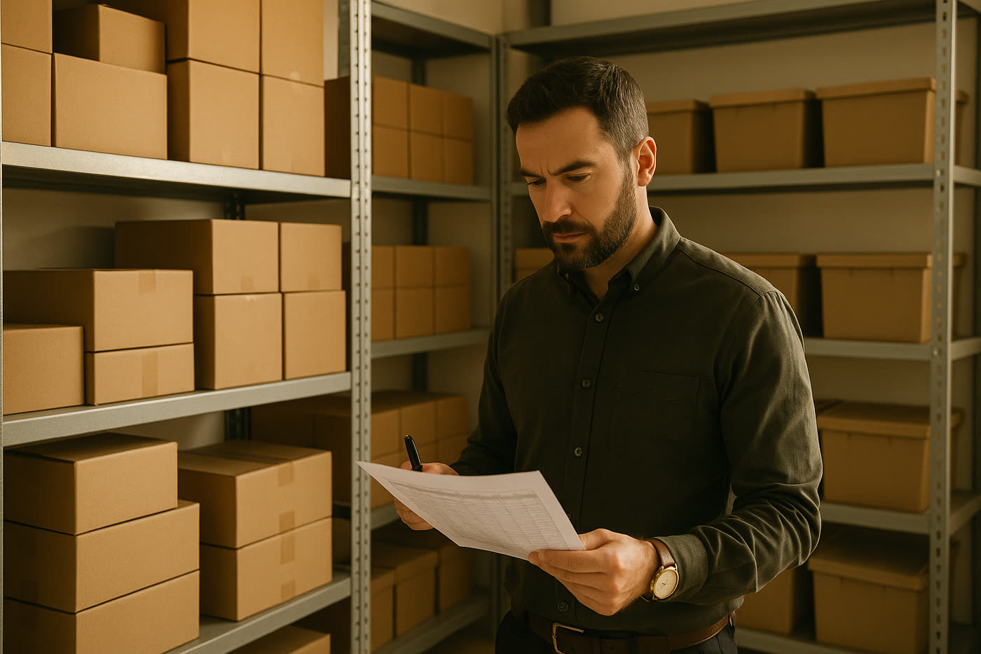 Responsable de operaciones comparando checklist de reposición con cajas y huecos de almacén en CBD