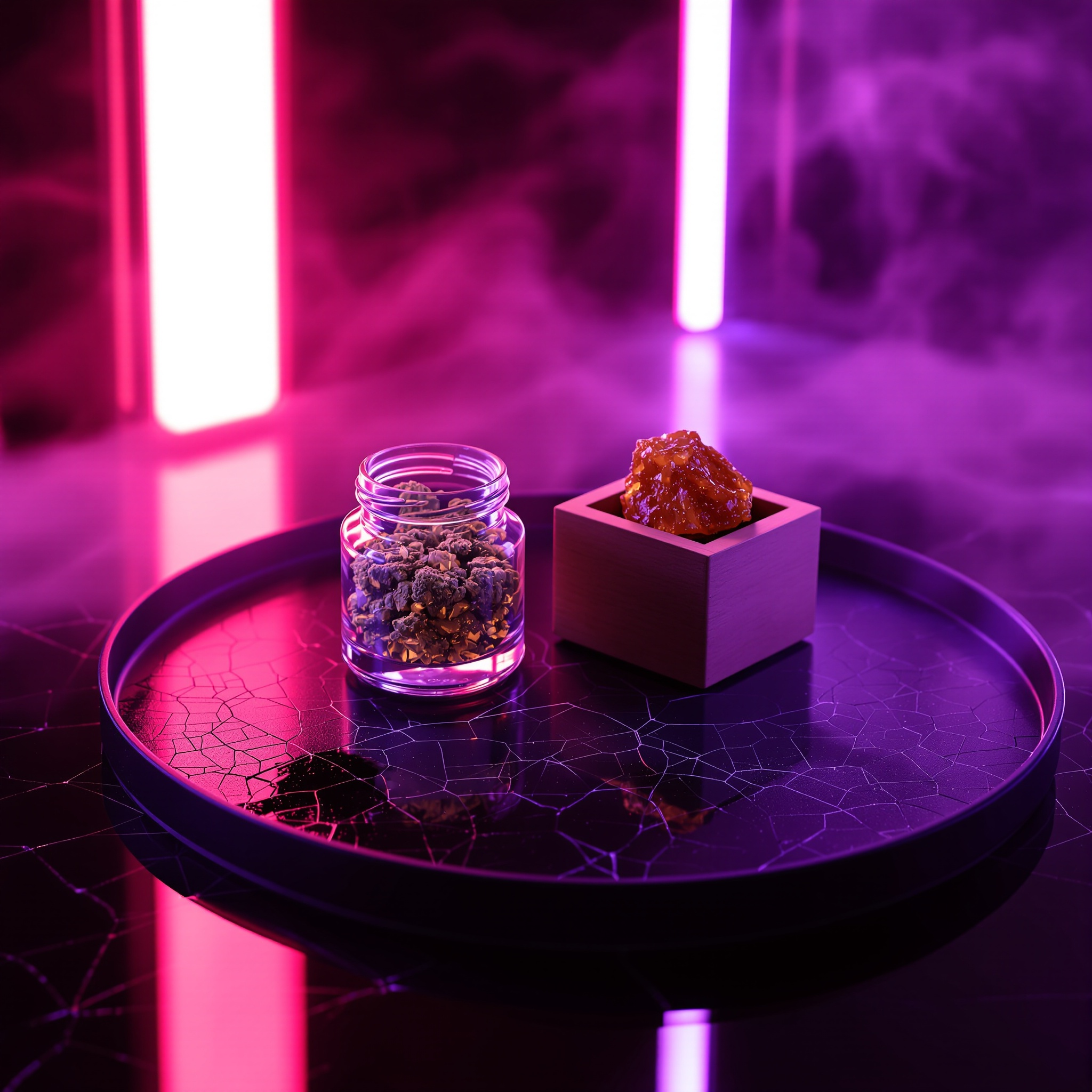 Presentación minimalista de flor y hash CBD con luz violeta y rosa neon
