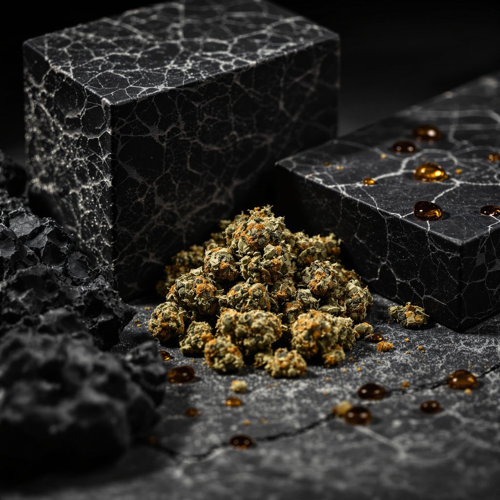 Diferencia visual y táctil entre flor CBD fresca y bloque de hash compacto