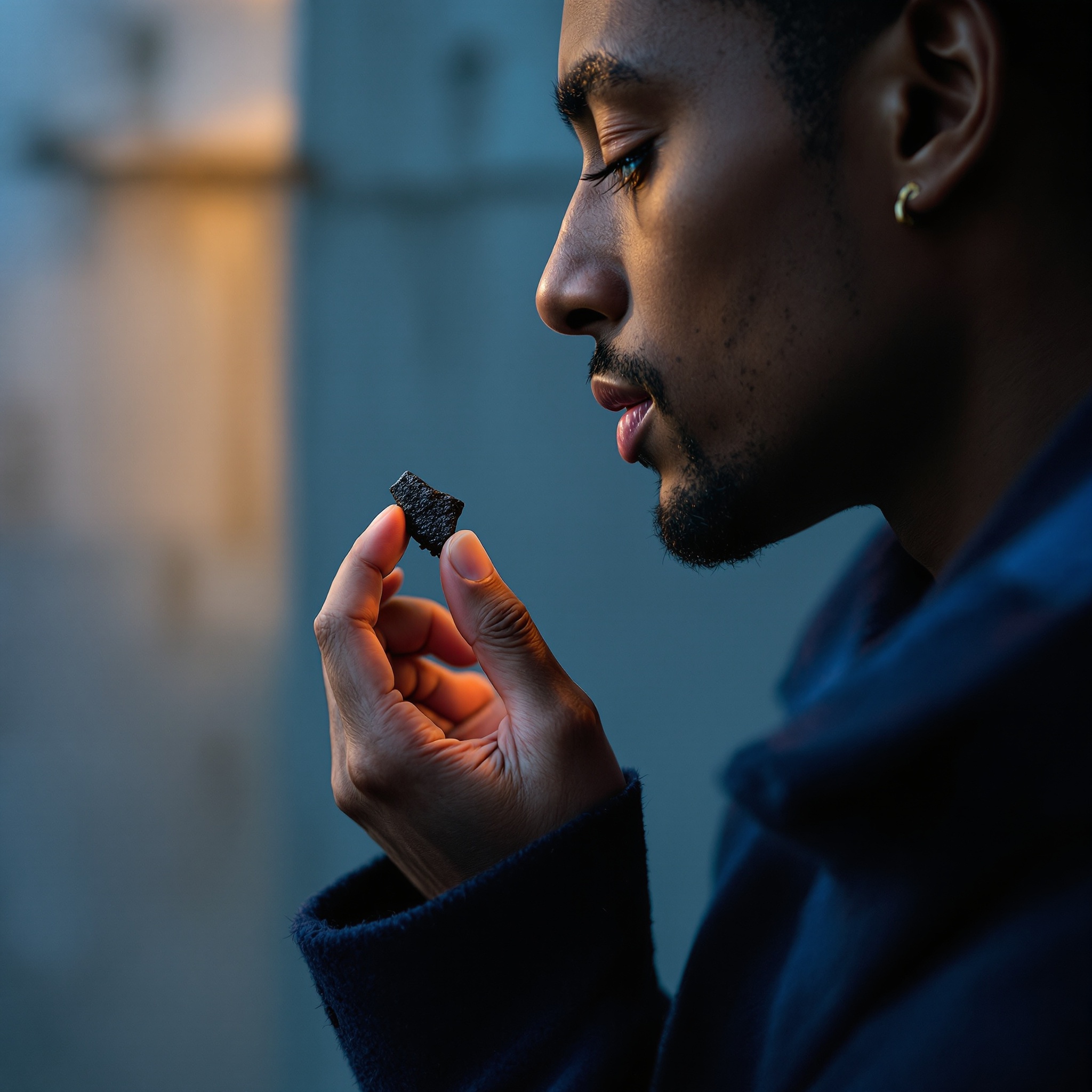 Persona sosteniendo un trozo de hash CBD con tacto delicado