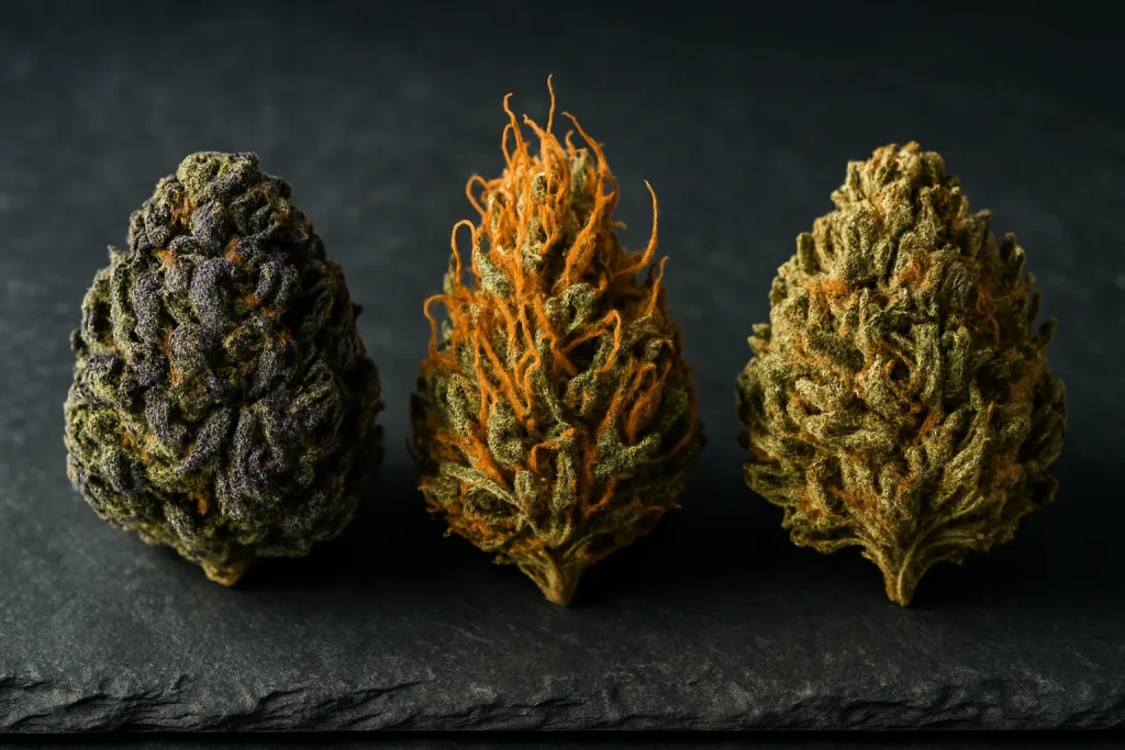 Flores CBD indoor greenhouse y outdoor alineadas sobre piedra oscura — comparativa