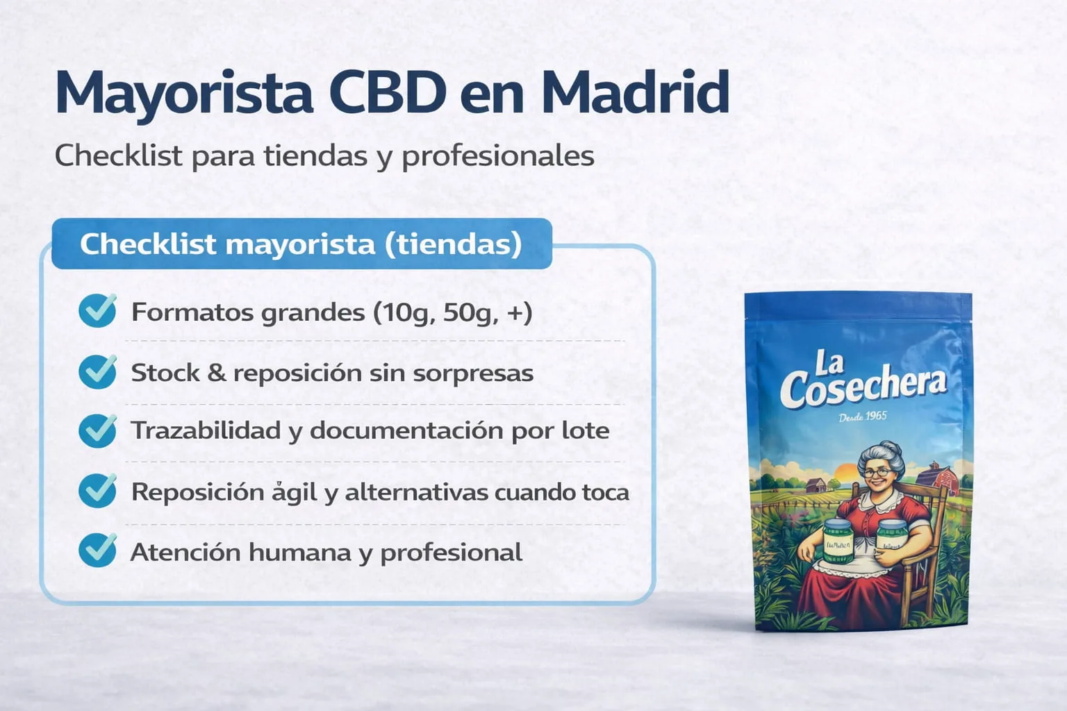 Bolsa La Cosechera junto a bloques de hash CBD, resina y cogollos sobre superficie neutra