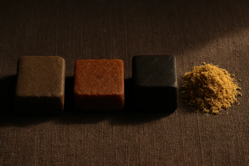 Escuelas de hash CBD: afgano libanés nepalí y dry sift alineados sobre lino oscuro