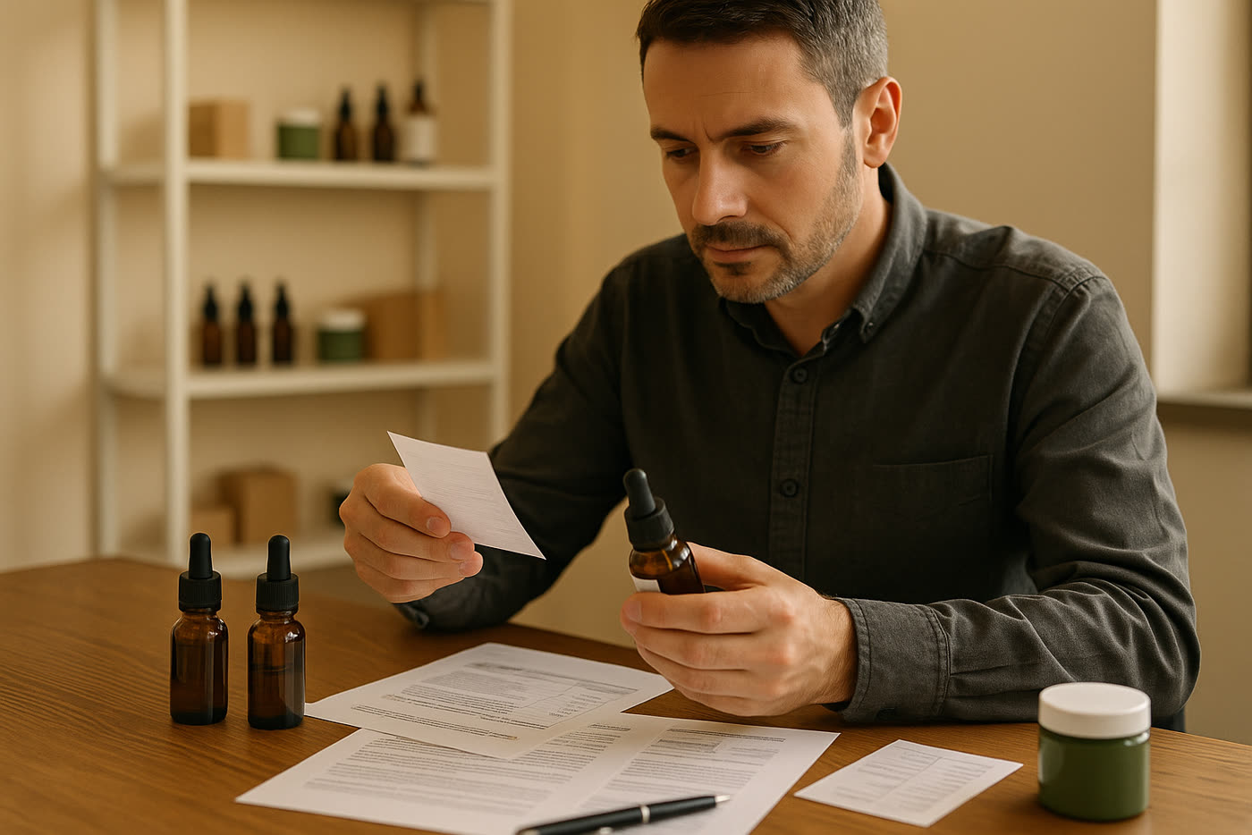 Mesa con etiquetas, lotes y documentos revisados para cumplir normativa CBD en España