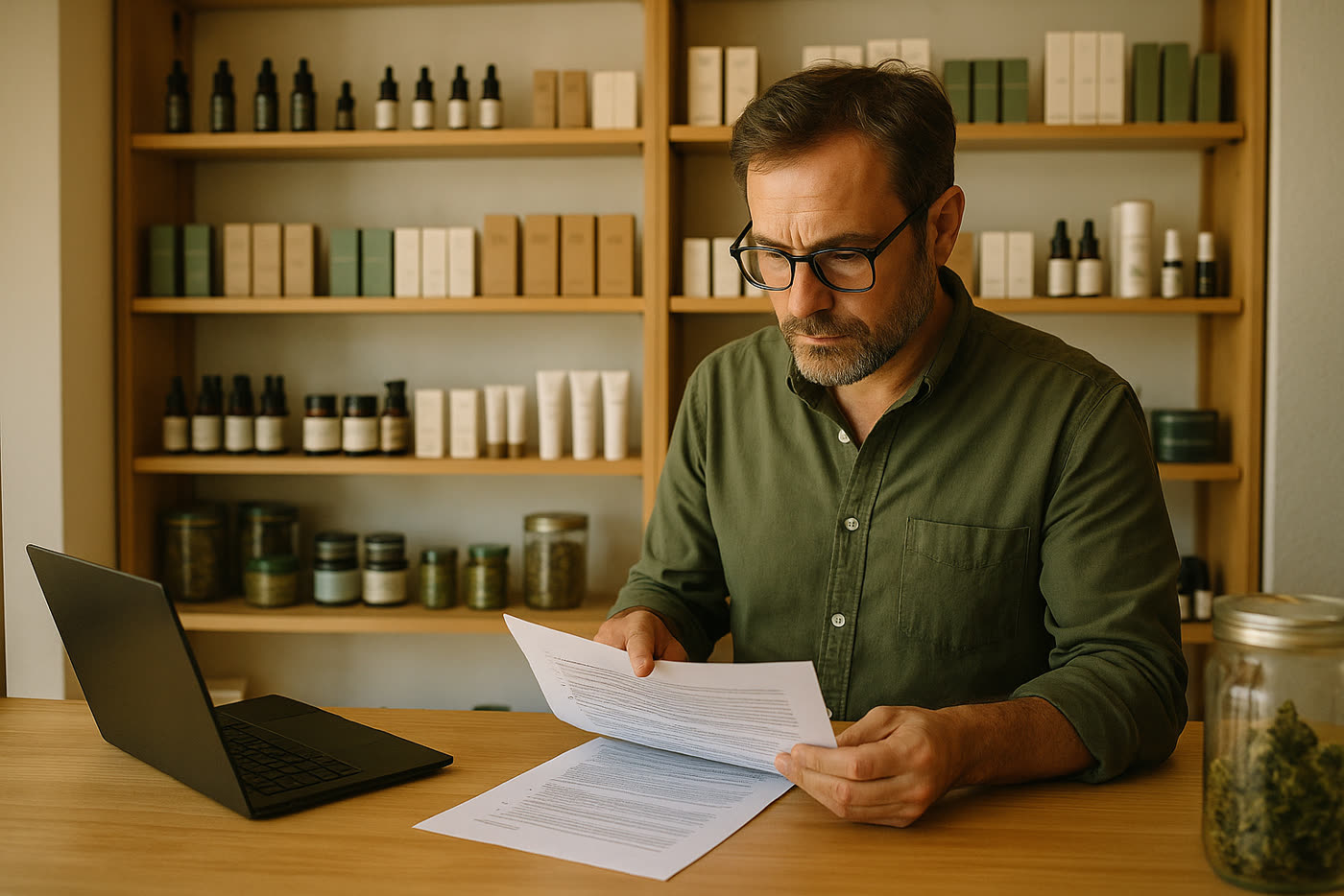 Responsable de tienda revisando checklist de normativa CBD, fichas y documentación de producto