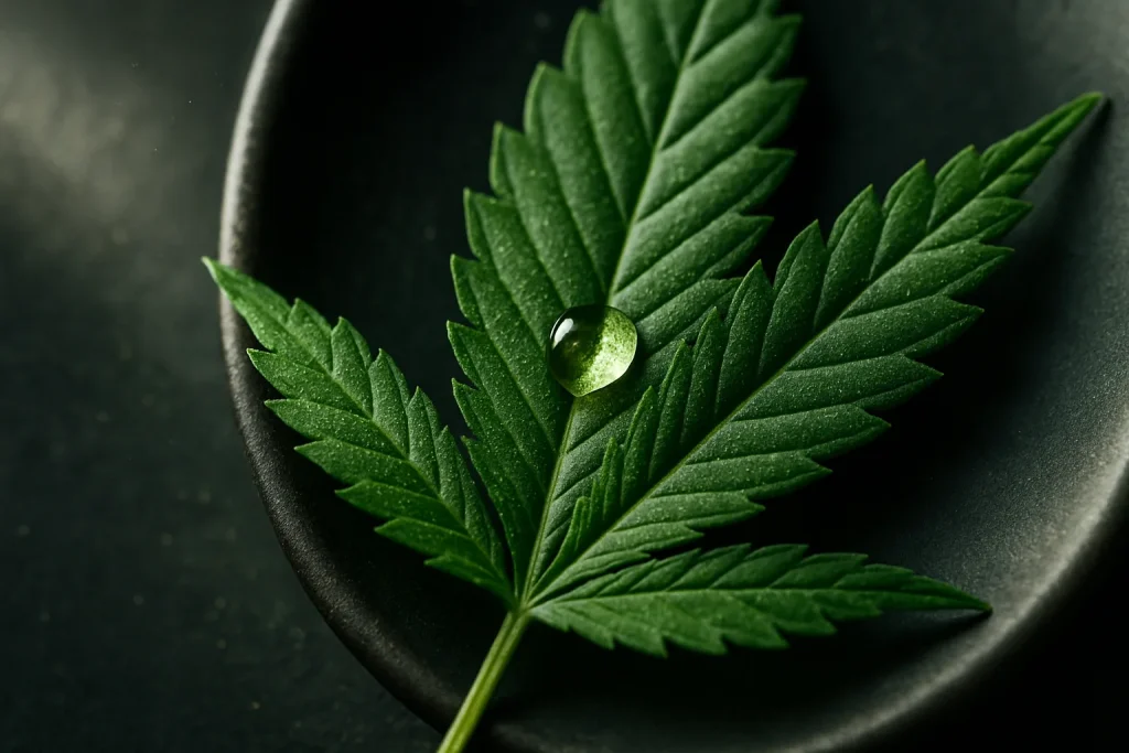 Qué es el CBD: hoja de cáñamo verde con gota de resina cristalina — ilustración editorial