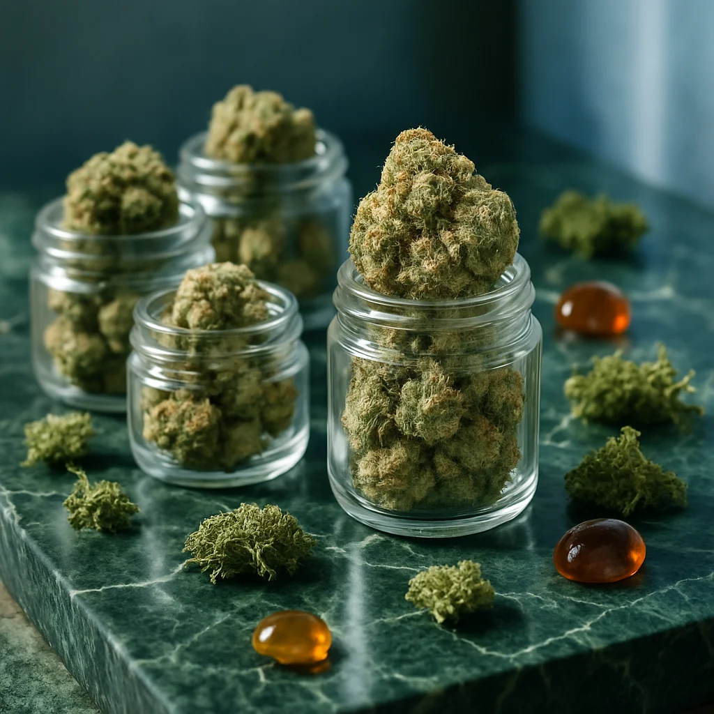 Botes con small buds sobre mármol verde con musgo y piedras ámbar