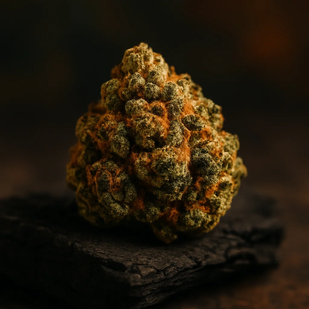 Cogollo pequeño y denso sobre madera quemada mostrando resina brillante