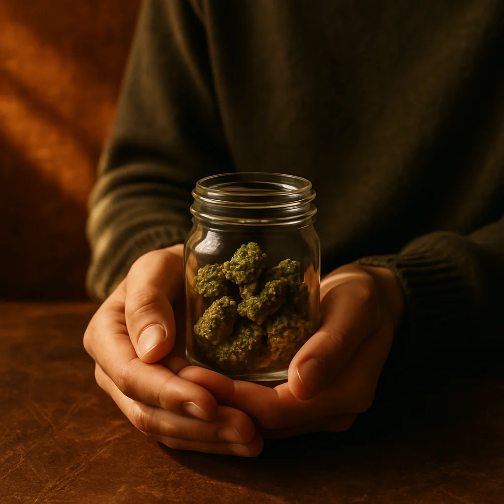 Manos sosteniendo un bote con small buds sobre cuero vintage