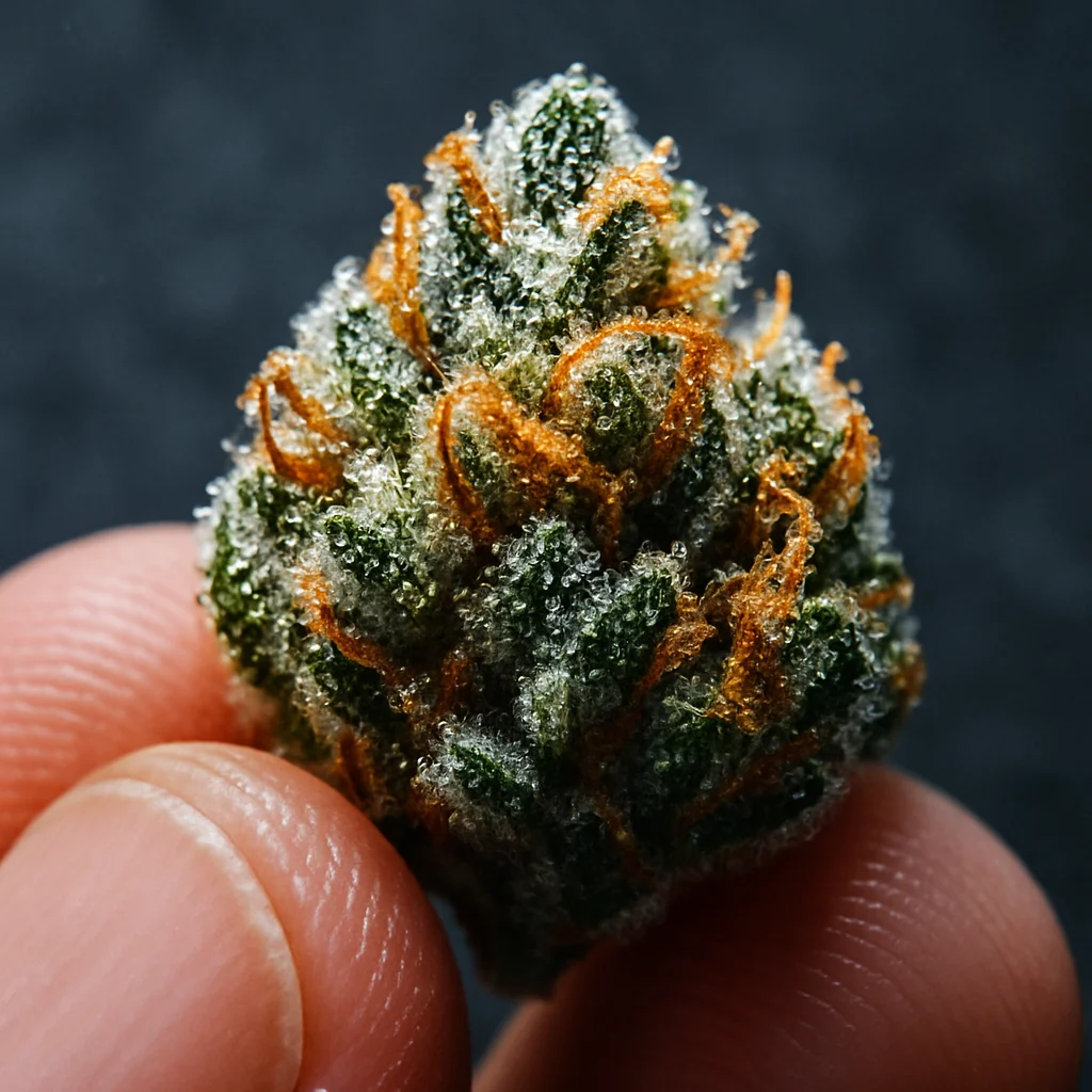 Macro de pequeño cogollo con glándulas de resina y tricomas brillantes