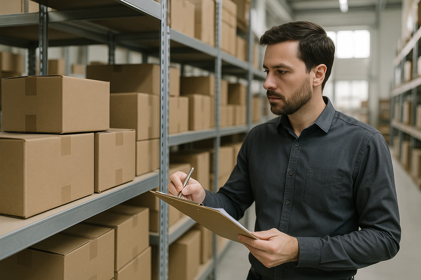 Control de inventario en almacén con cajas y referencias lentas de CBD en revisión