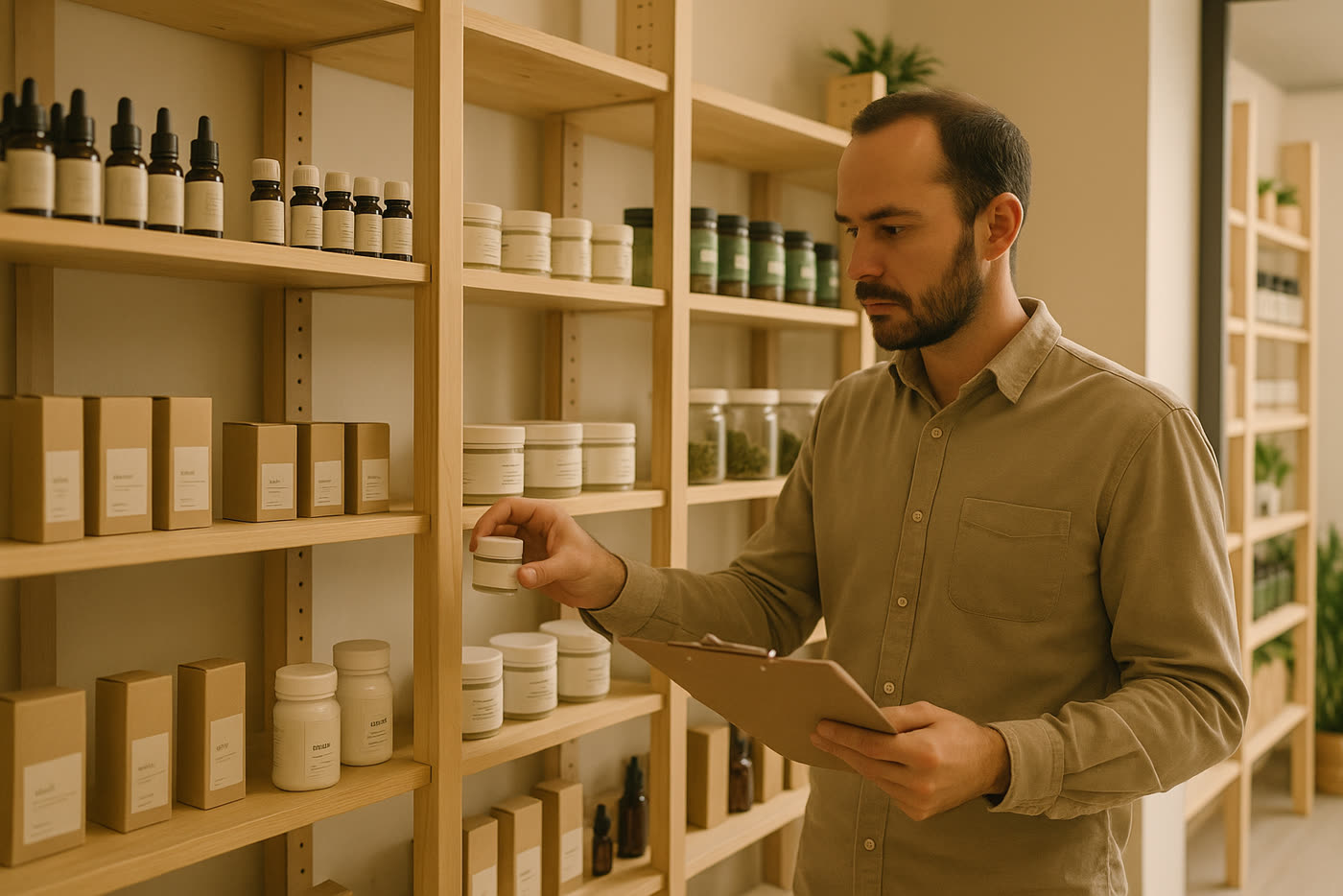 Responsable de tienda revisando referencias de baja rotación en un lineal de CBD