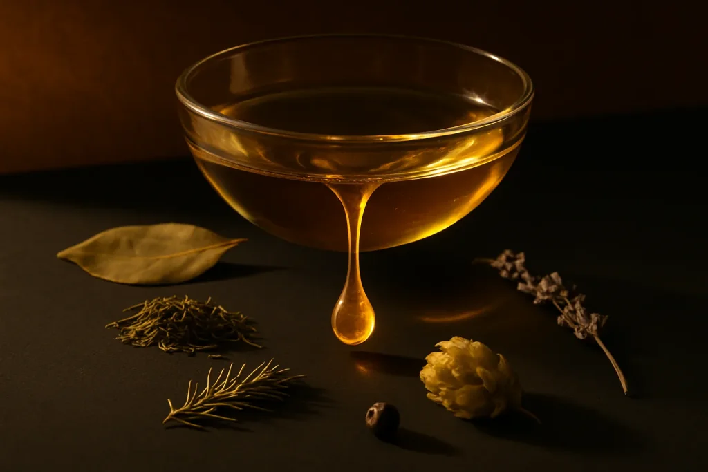 Terpenos CBD: gota dorada central rodeada de botánicos limoneno pineno mirceno linalool