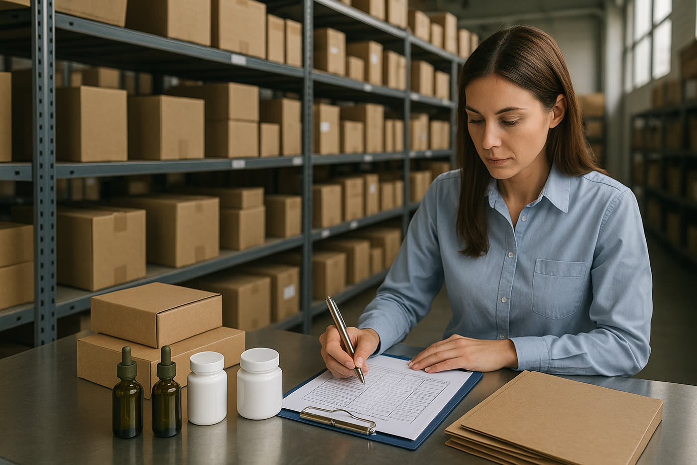 Control de calidad con carpetas de lote y certificado de análisis en almacén de CBD