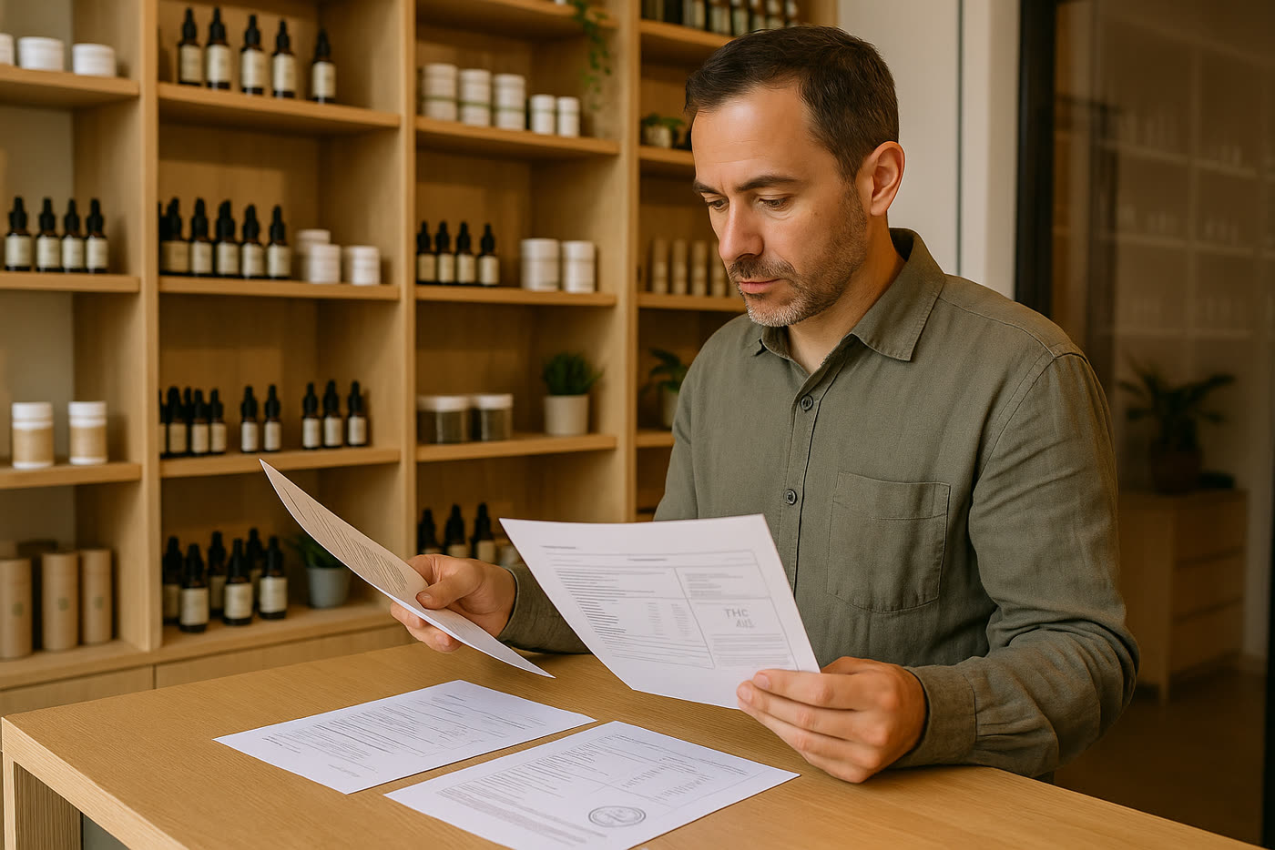 Responsable de tienda revisando certificados y porcentaje de THC en documentación de CBD