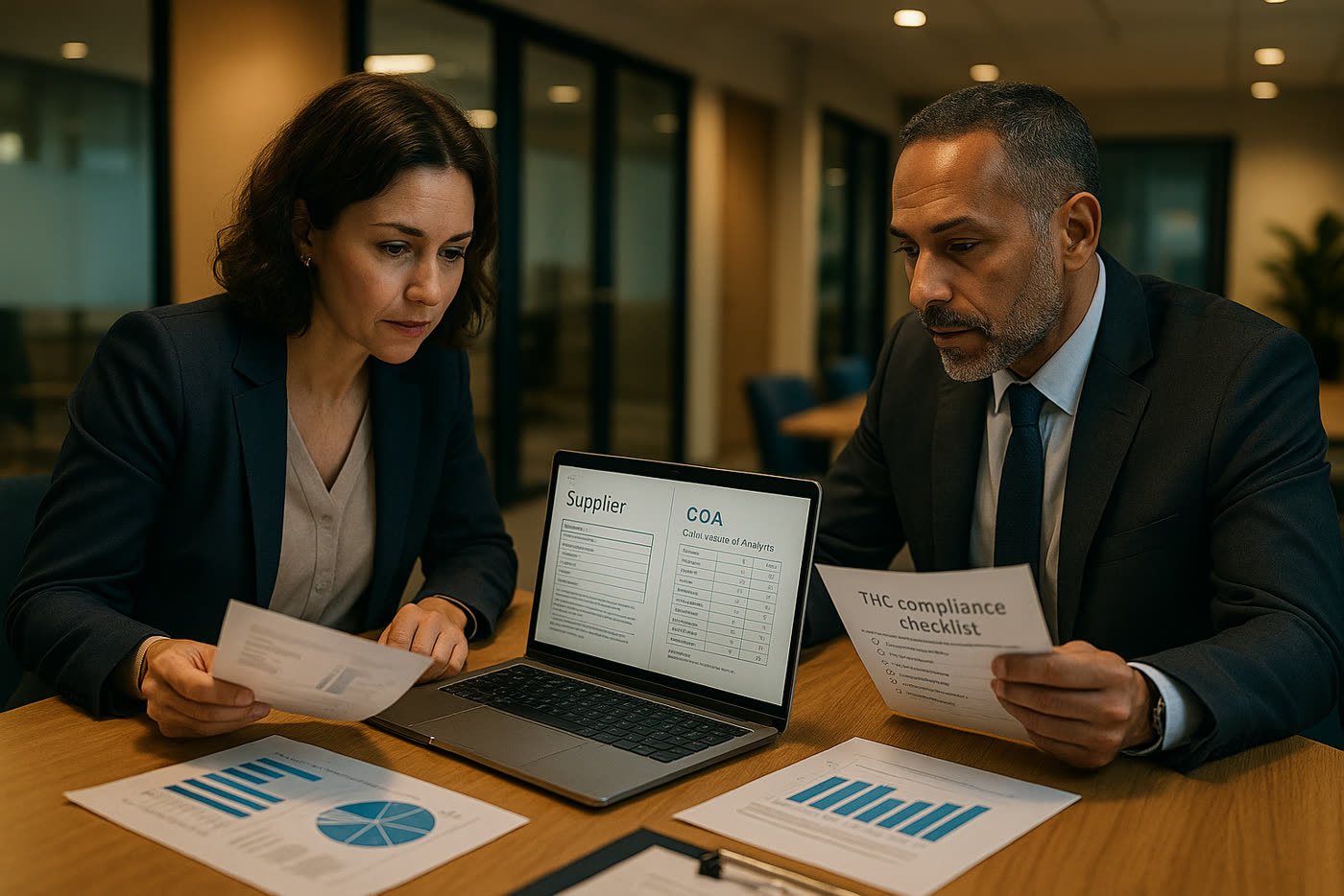 Equipo revisando checklist de proveedor, analíticas y documentación de cumplimiento para CBD