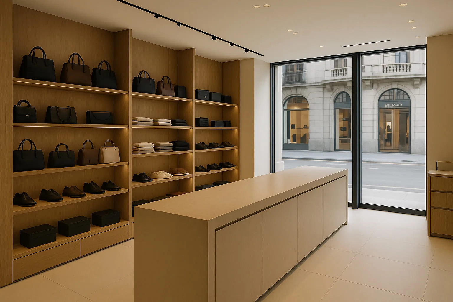 Interior realista de tienda premium en Bilbao con ambiente comercial cuidado