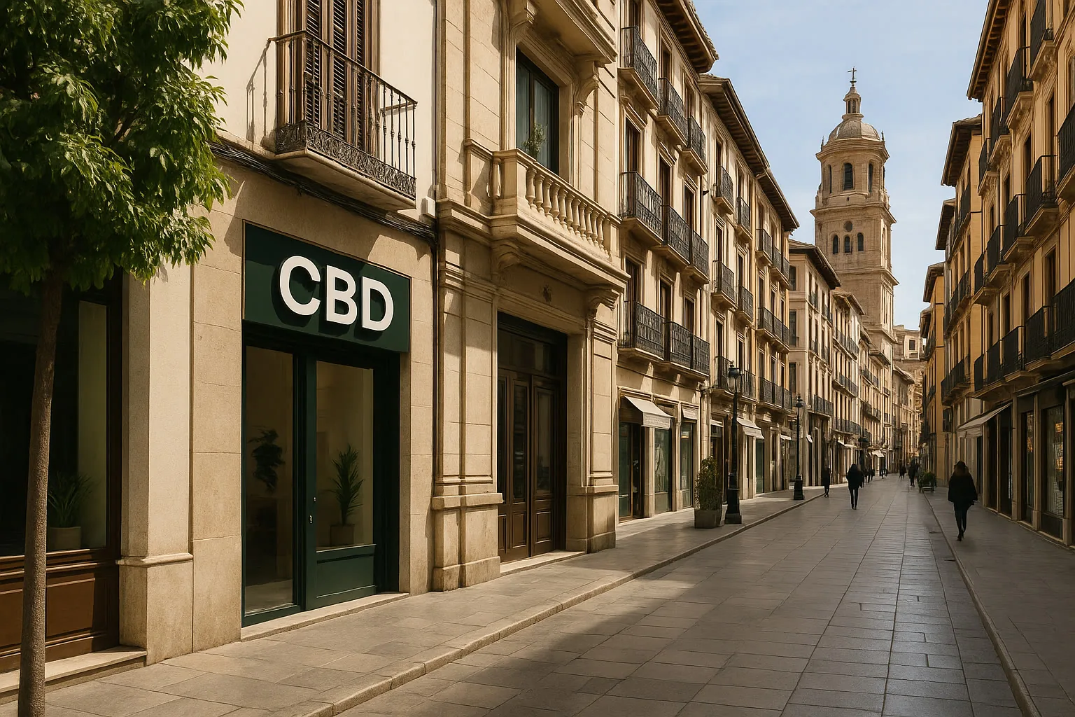 Tienda CBD en Granada con imagen urbana realista y enfoque premium local