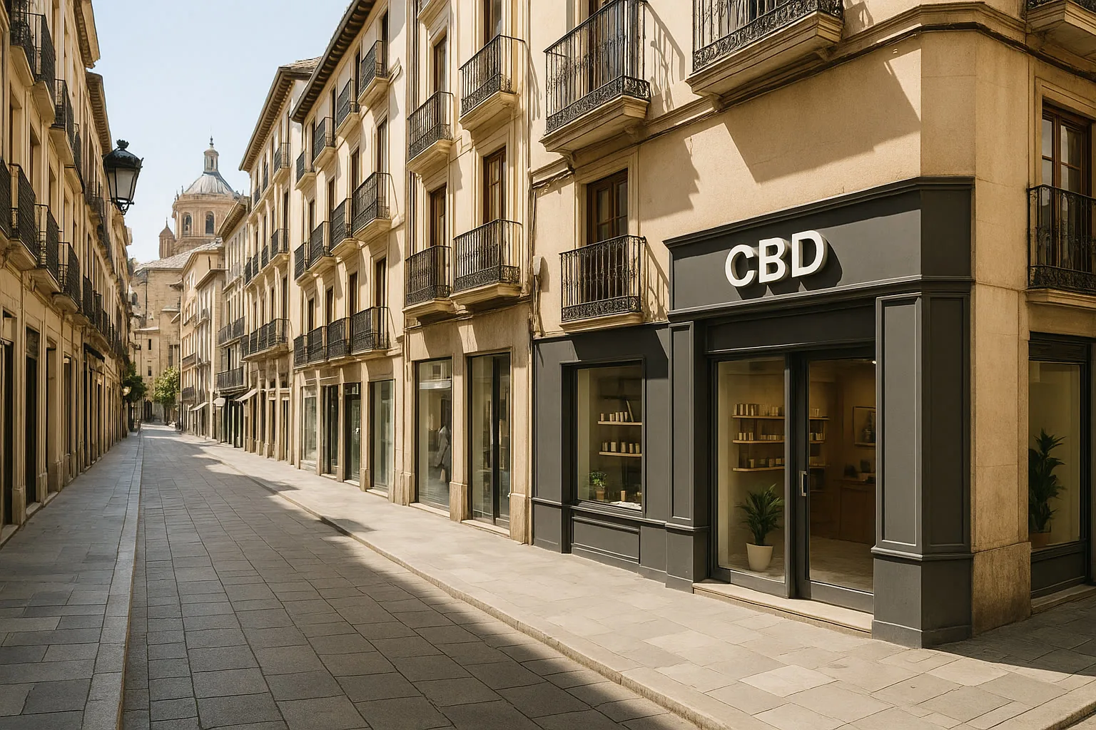 Tienda CBD premium Granada Tienda CBD premium en Granada con escena urbana realista de ciudad