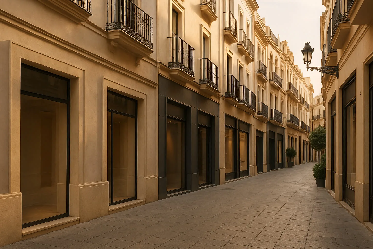 Calle comercial elegante de Sevilla para página SEO local de tienda CBD