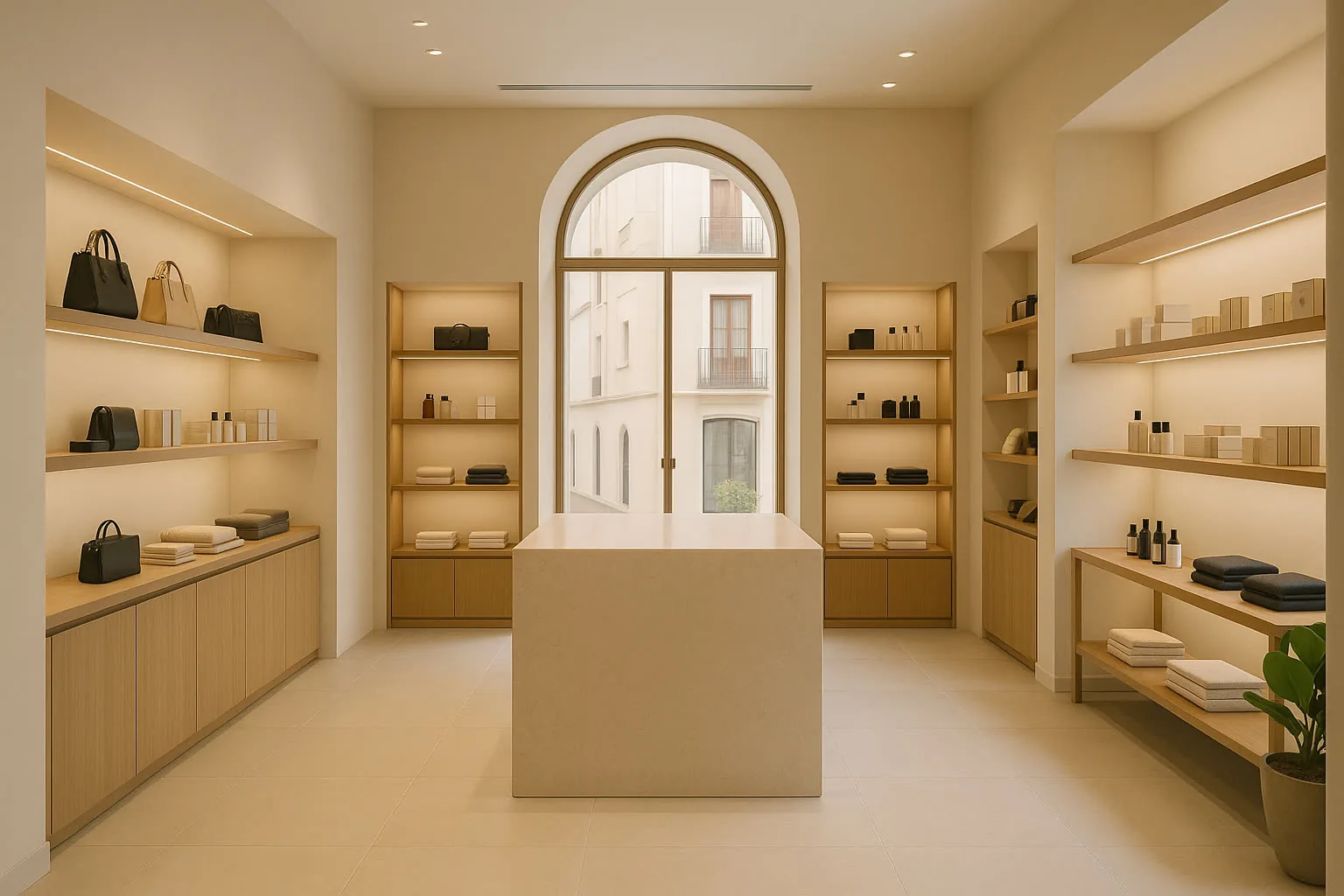 Interior realista de tienda premium en Sevilla con ambiente comercial cuidado