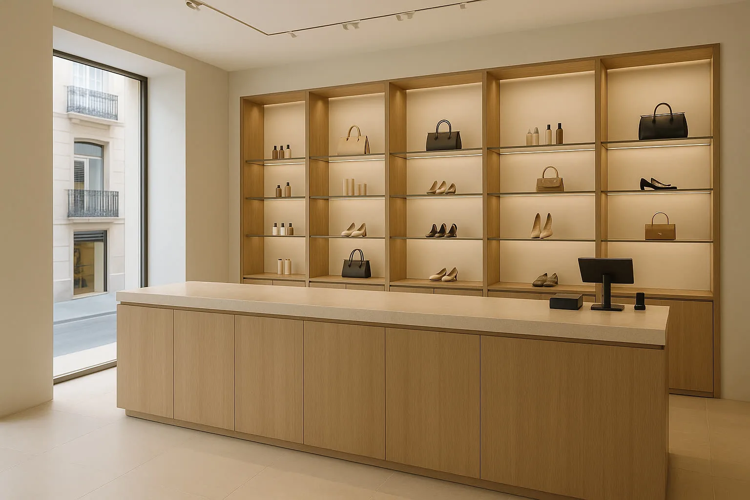 Interior realista de tienda premium en Valencia con ambiente comercial cuidado