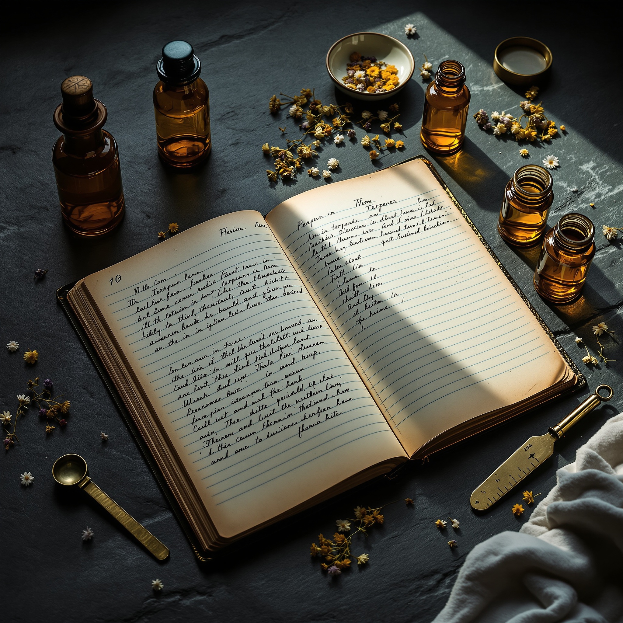 Cuaderno científico abierto con muestras de terpenos y herramientas clásicas