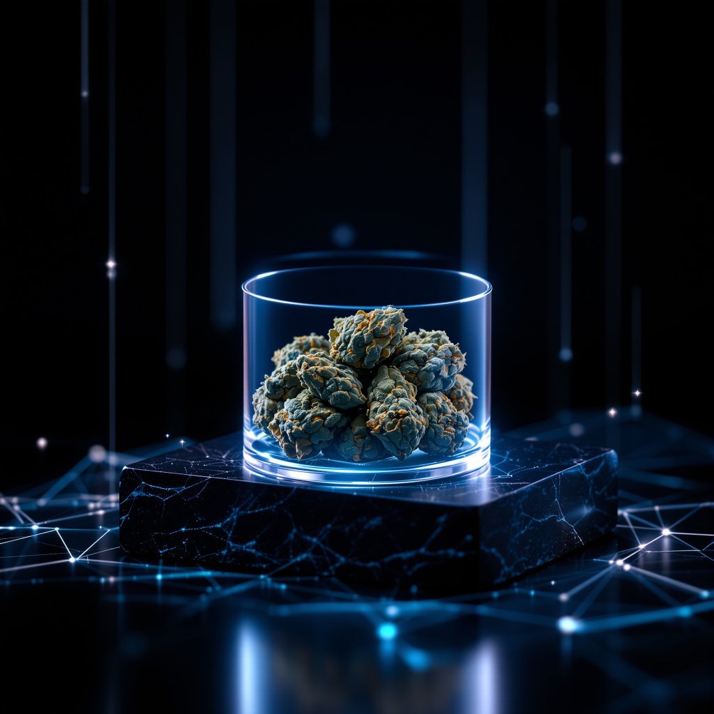 Envase transparente con flores CBD sobre obsidiana negra y líneas digitales