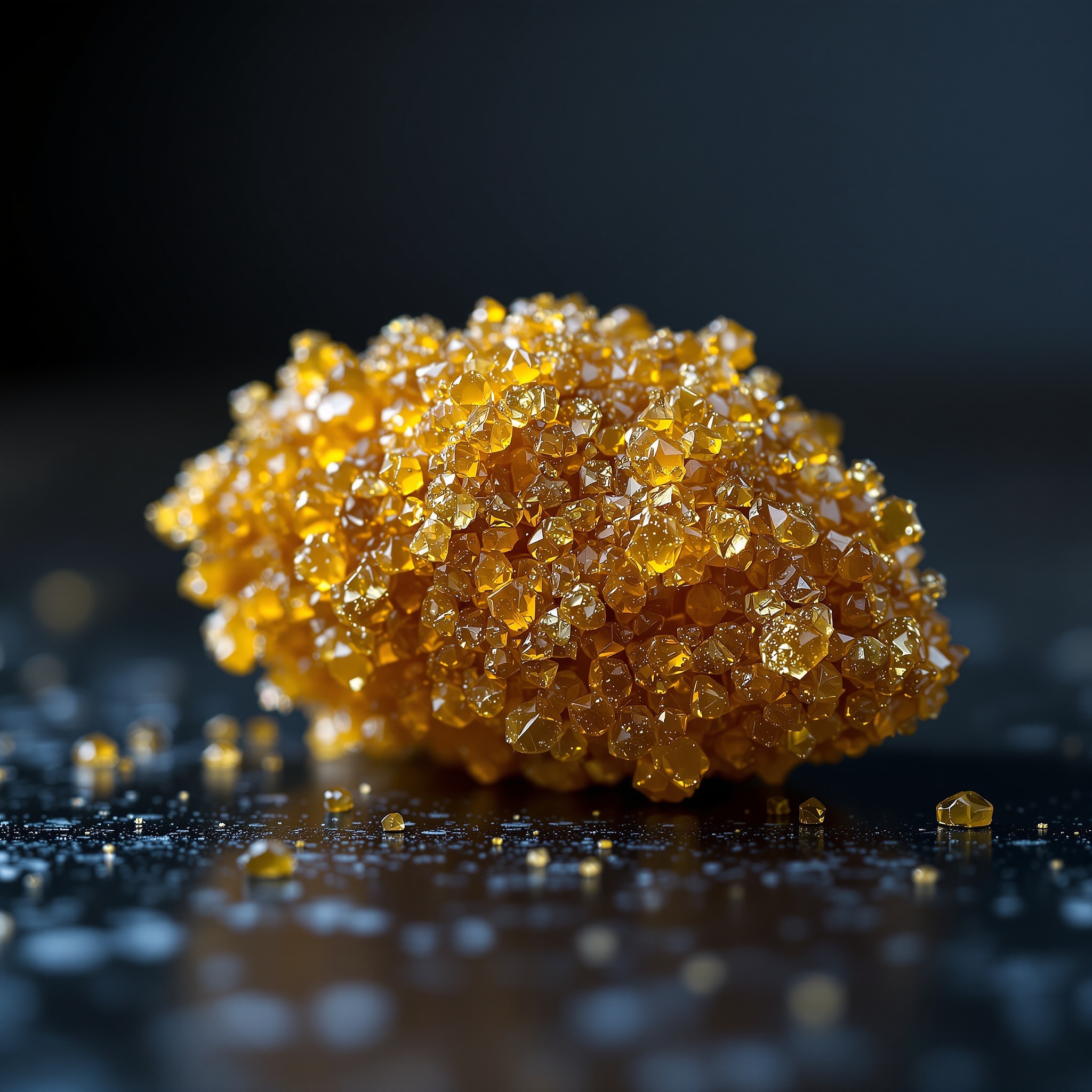 Macro de cogollo denso de CBD cubierto de resina brillante