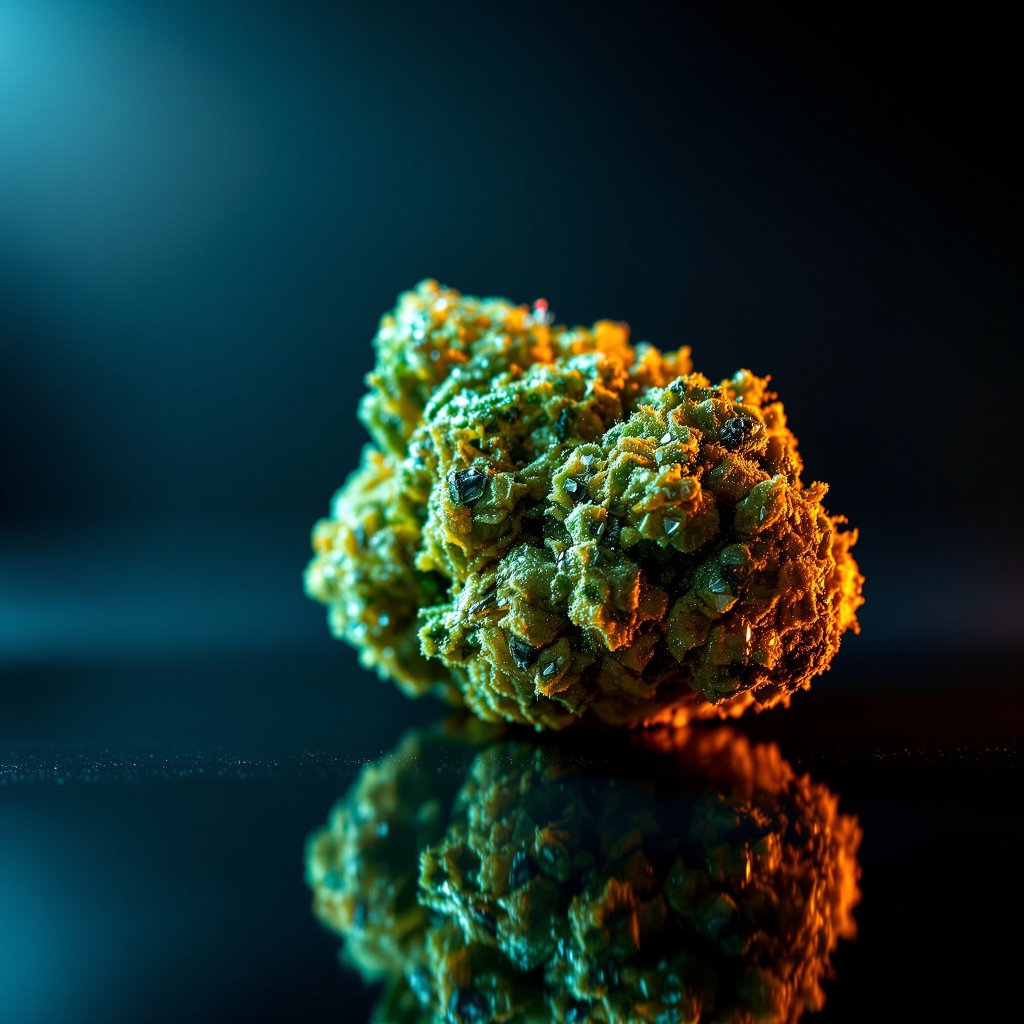 Cogollo de AK-47 Indoor SB con resina brillante sobre superficie de vidrio oscuro