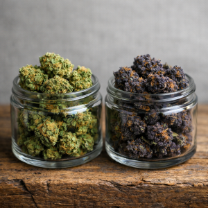 Dos botes abiertos de flores CBD con aromas contrastantes lado a lado