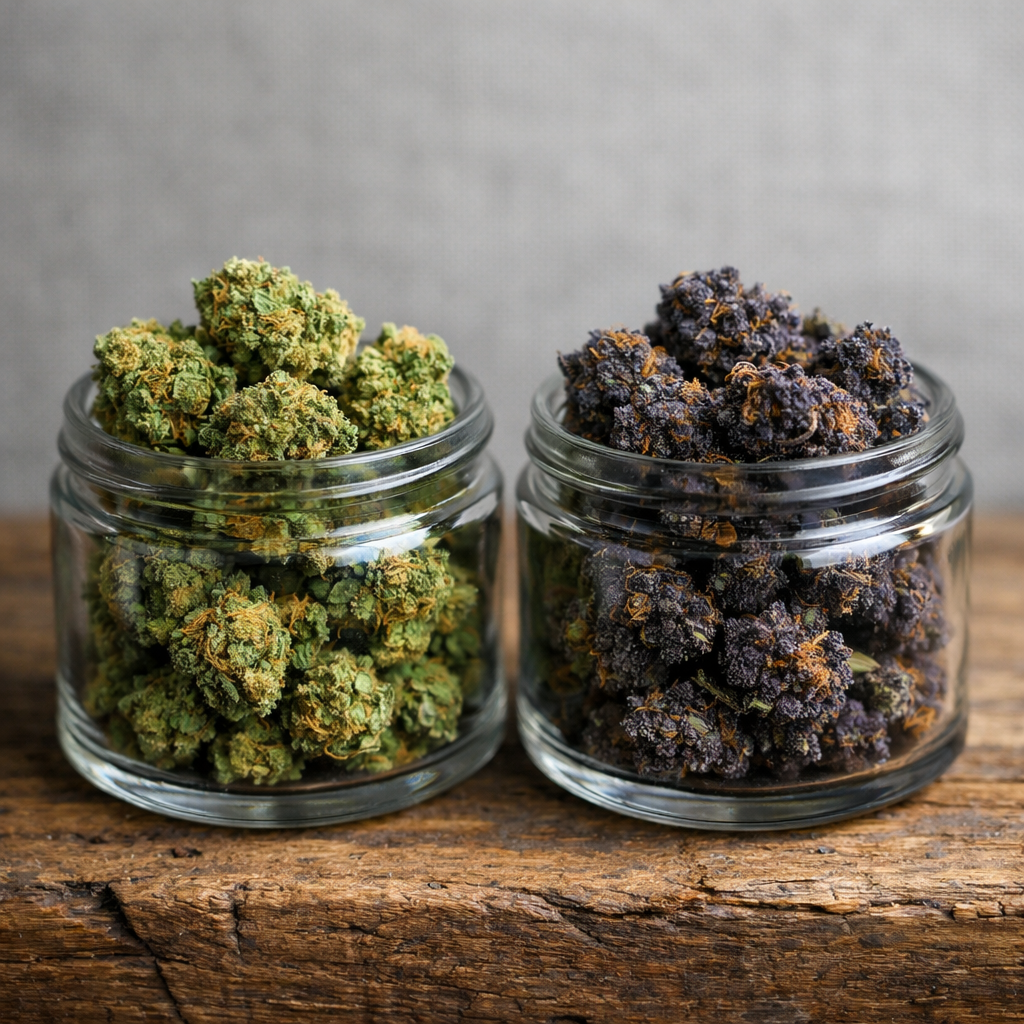 Dos botes abiertos de flores CBD con aromas contrastantes lado a lado