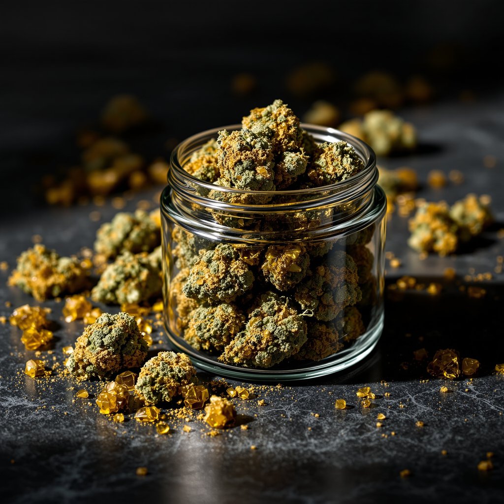 Frasco con flores de CBD premium iluminado con luz fría