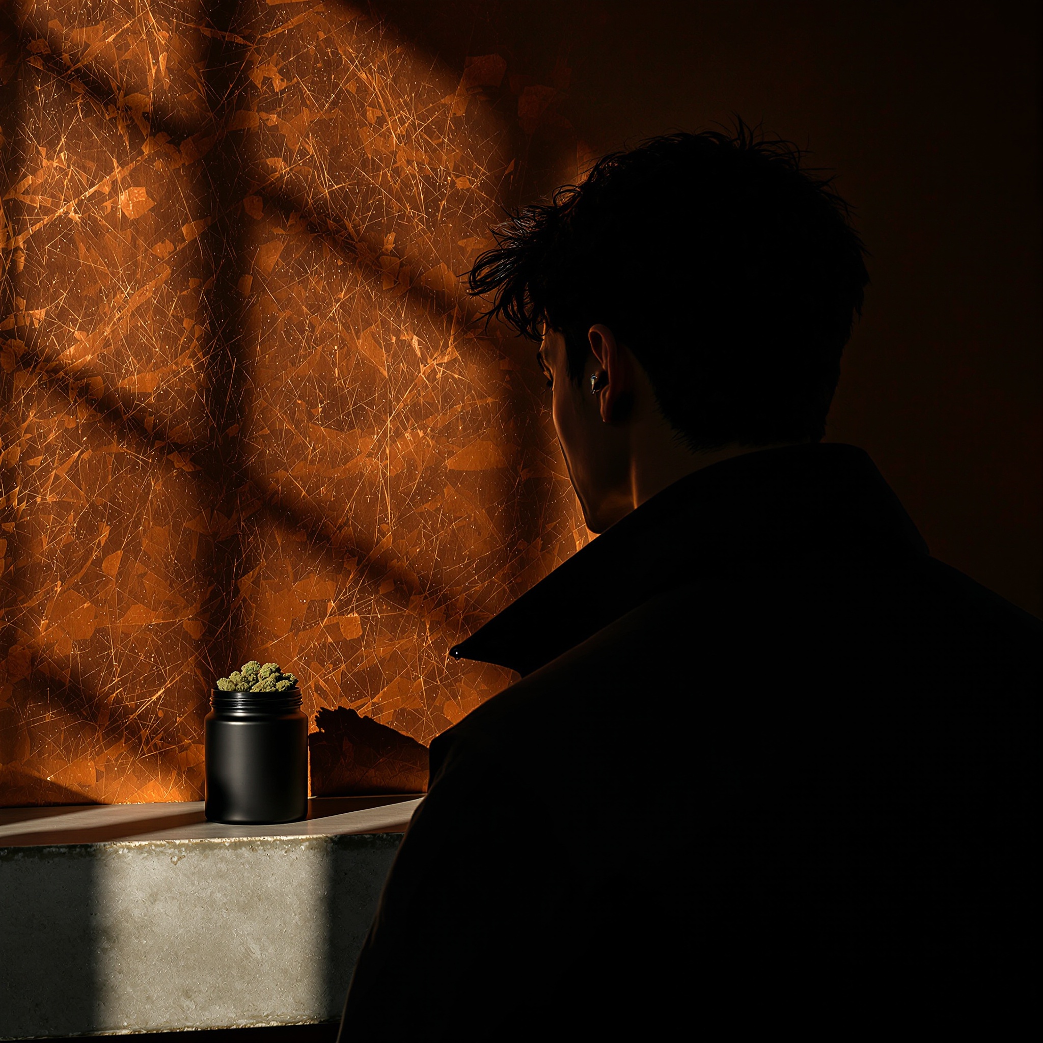 Perfil de joven junto a pared de cobre oxidado con bote de CBD