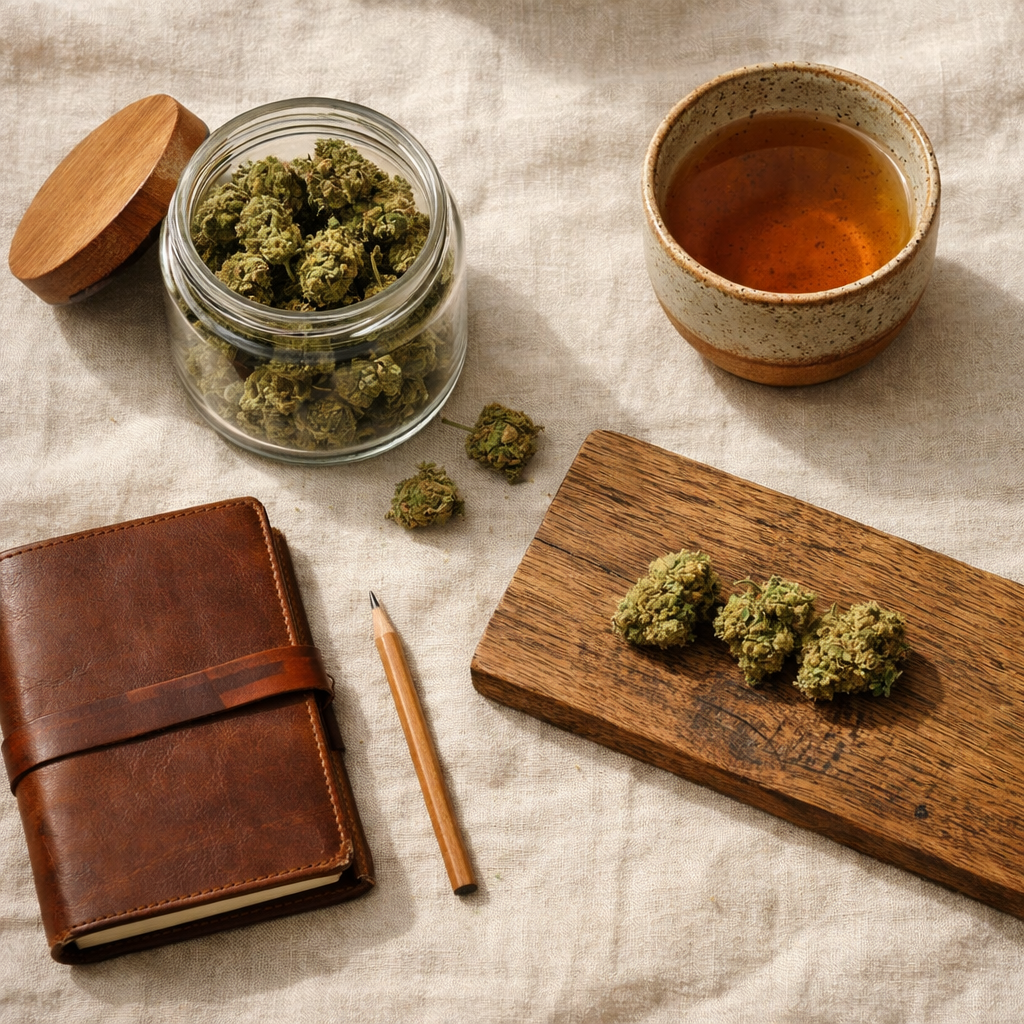 Composición flat-lay de cata: frasco de Critical+, taza de té, libreta y madera