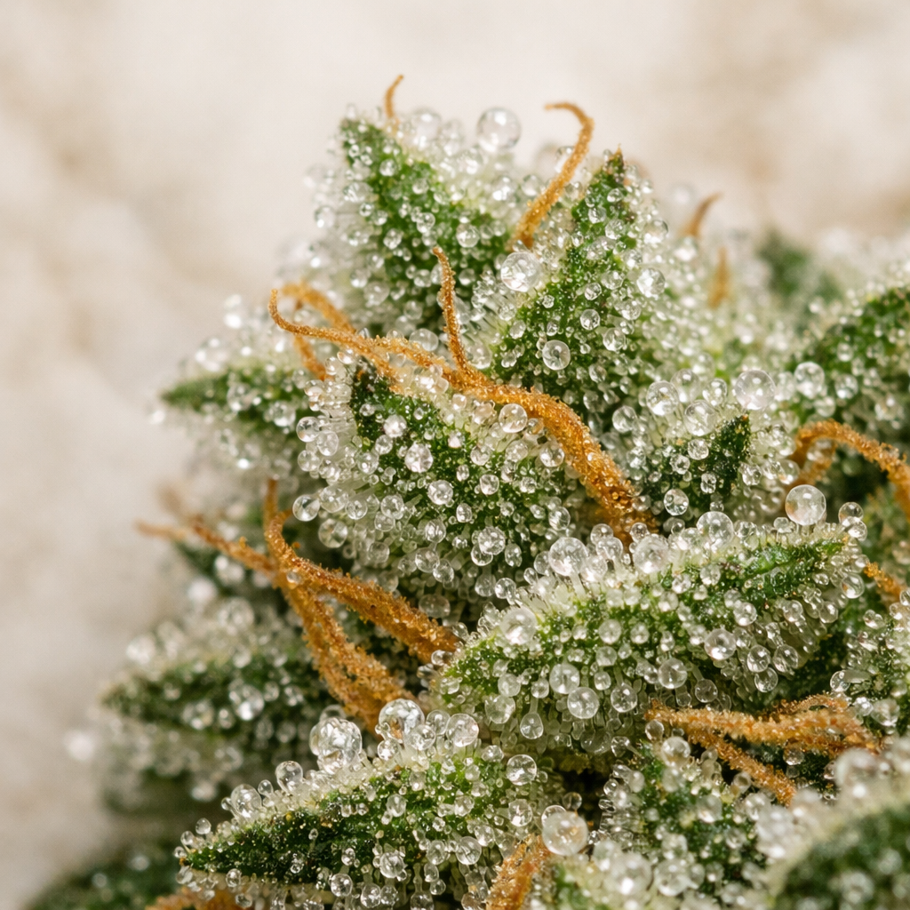 Macro detalle de tricomas y resina de Critical+ Indoor con cristales brillantes